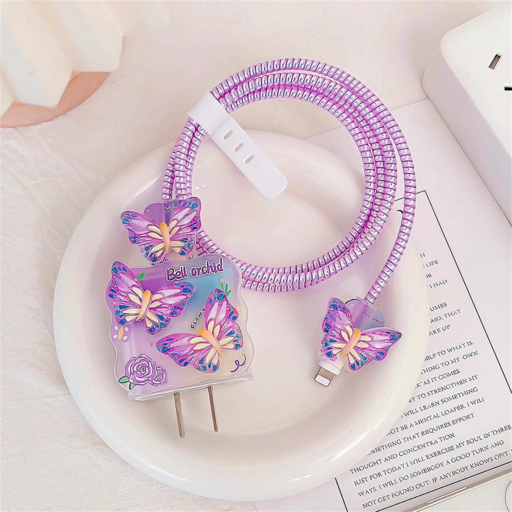 3D Butterfly iPhone Charger Protector - 18W/20W Cable Saver for iPhone 13/14/15/16 Pro Max, Soft Wavy Girly Design iPad Charger Cover (Purple) - Perfect for Home, Office & Travel Accessories