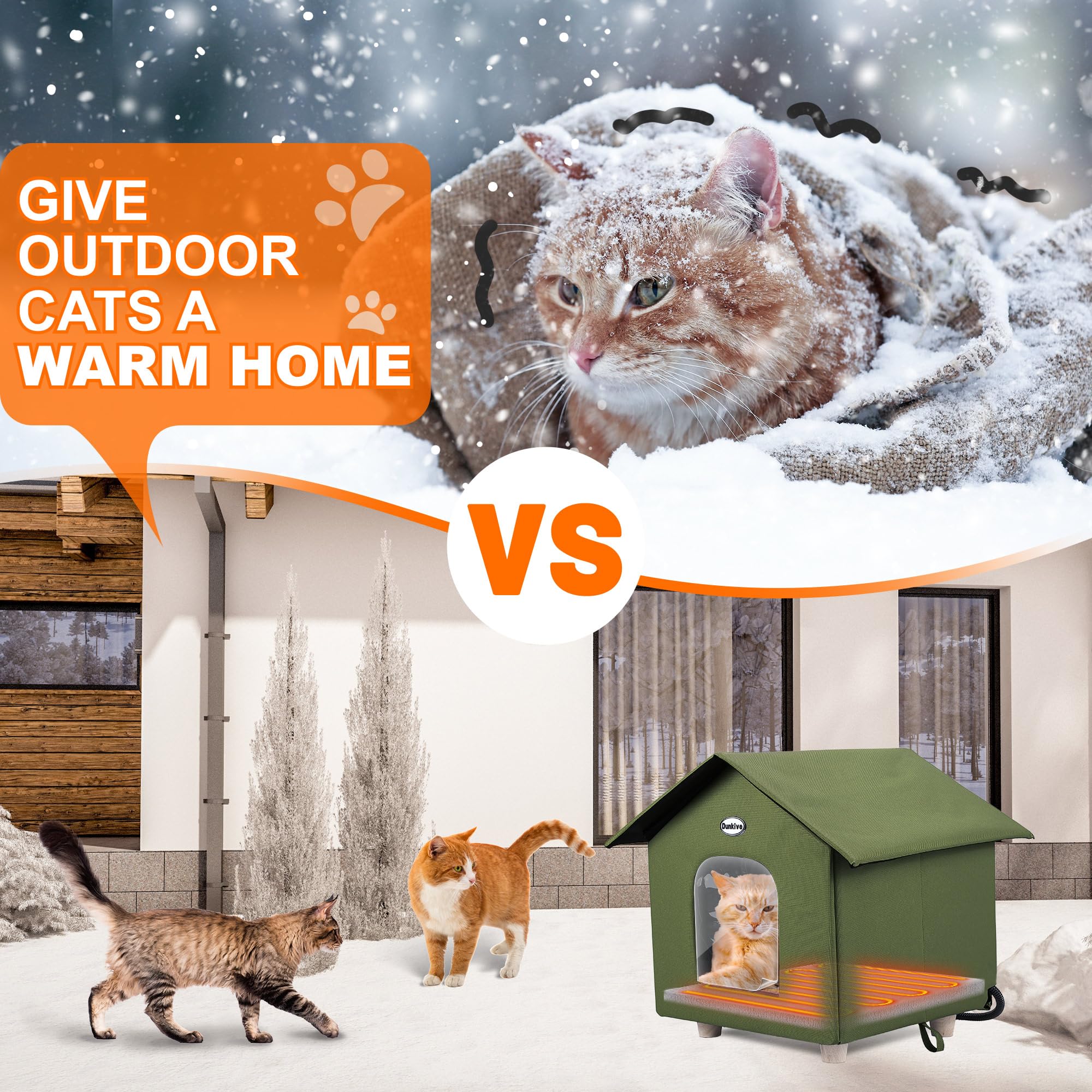 Heated Cat House - Weatherproof Outdoor Shelter with Heated Bed for Winter, Feral Cats & Small Pets - Green