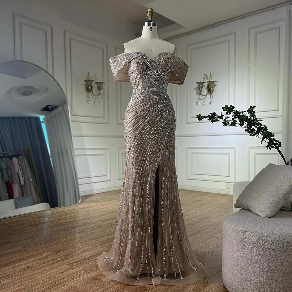 Luxury Dubai Arabic Silver Nude Mermaid Beaded Evening Gown with High Slit for Formal Occasions, Weddings, Parties & Special Events - Saudi LA72481A