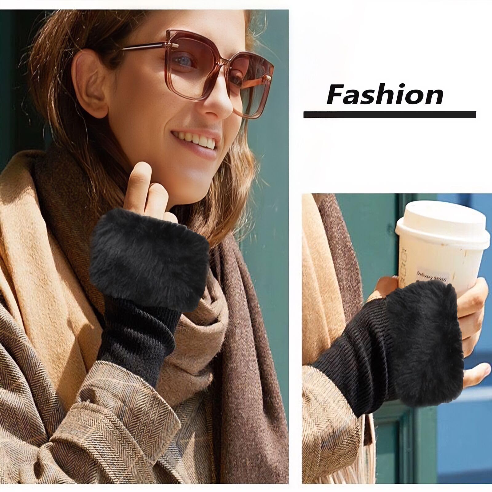 Winter Fingerless Gloves for Women - Knitted Arm Warmers with Thumb Hole & Faux Fur Wrist Cuff | Cozy Hand Mittens for Outdoor Activities, Office Work, and Cold Weather Fashion