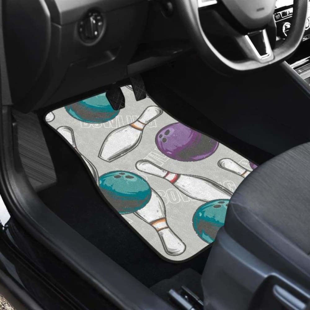 Premium Bowling Ball and Pin Car Mats - Non-Slip Gray Background Front & Back Floor Mats - Perfect for Bowling Enthusiasts & Car Decor