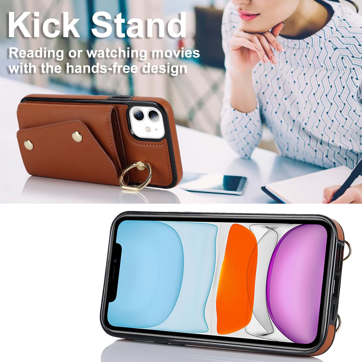 ELTEKER iPhone 11 Wallet Case with Card Holder, Crossbody Neck Strap & Ring Stand - Flip Cover Phone Case for Women (Brown) | Perfect for Travel, Shopping & Hands-Free Convenience