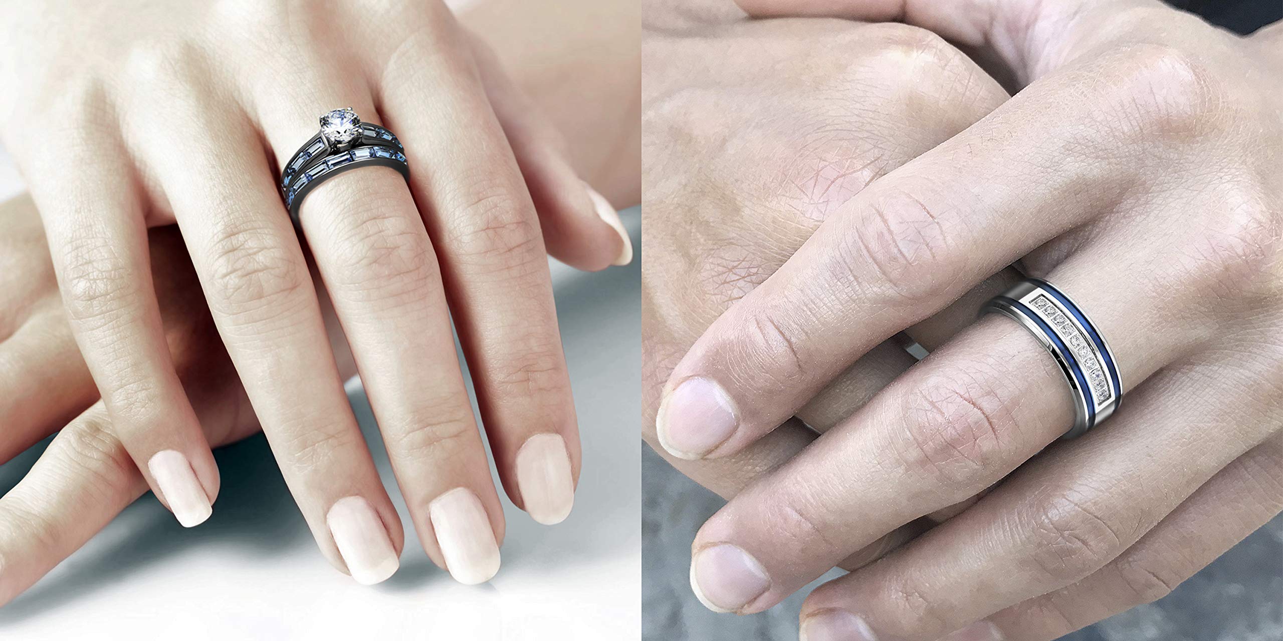 Romantic Blue Wedding Ring Set for Couples - 3 Piece Stainless Steel CZ Engagement Rings for Him and Her - Perfect for Anniversaries, Proposals & Romantic Occasions