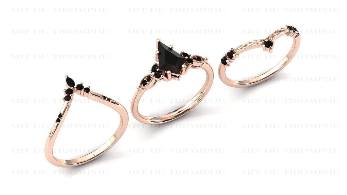 3 CT Kite Shaped Black Onyx Engagement Ring Set - Vintage Art Deco Wedding Band for Women, Unique Bridal Jewelry, Anniversary Promise Ring - Perfect for Proposals, Weddings & Special Occasions