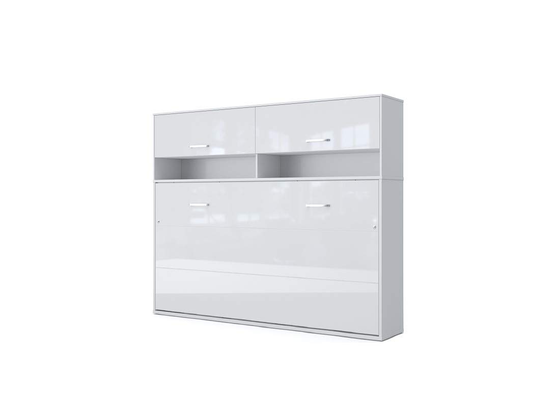 Horizontal Wall Bed with Mattress - European Queen Size Murphy Bed with Storage Cabinet (White/White) - Space Saving Solution for Small Apartments, Guest Rooms & Home Offices