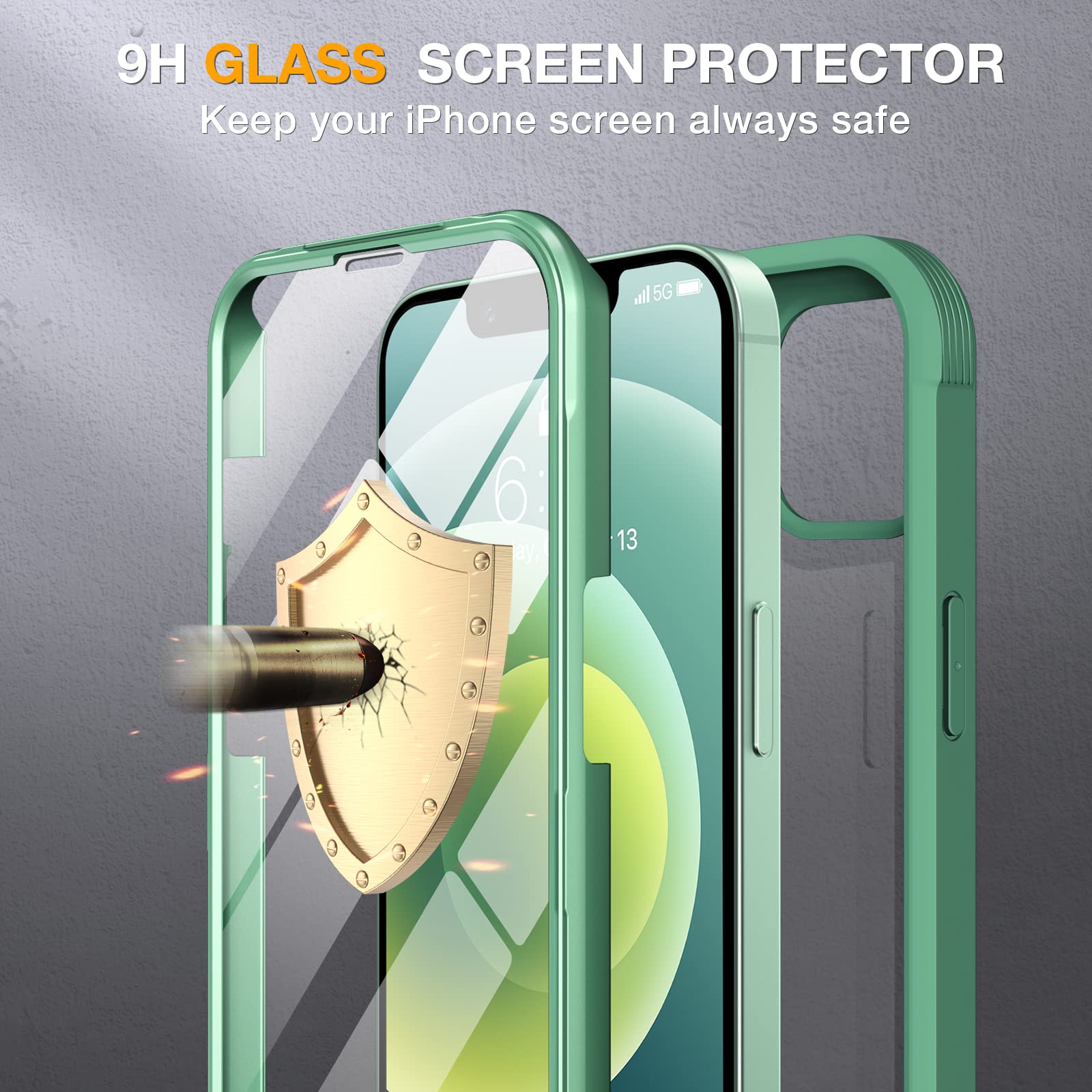 Miracase iPhone 12/12 Pro 6.1 inch Clear Protective Case (2020 Model) - Shatterproof 9H Tempered Glass Screen Protector Included - Midnight Green - Perfect for Everyday Use, Work & Travel Protection