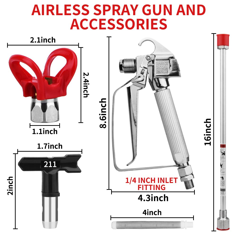 3600 PSI High-Pressure Airless Paint Sprayer Gun with Nozzle Guard, 5 Spray Tips & Filters, 16-Inch Extension Pole (211, 313, 415, 517, 623) – Perfect for Home Renovation, Furniture Painting, and Exterior Wall Projects