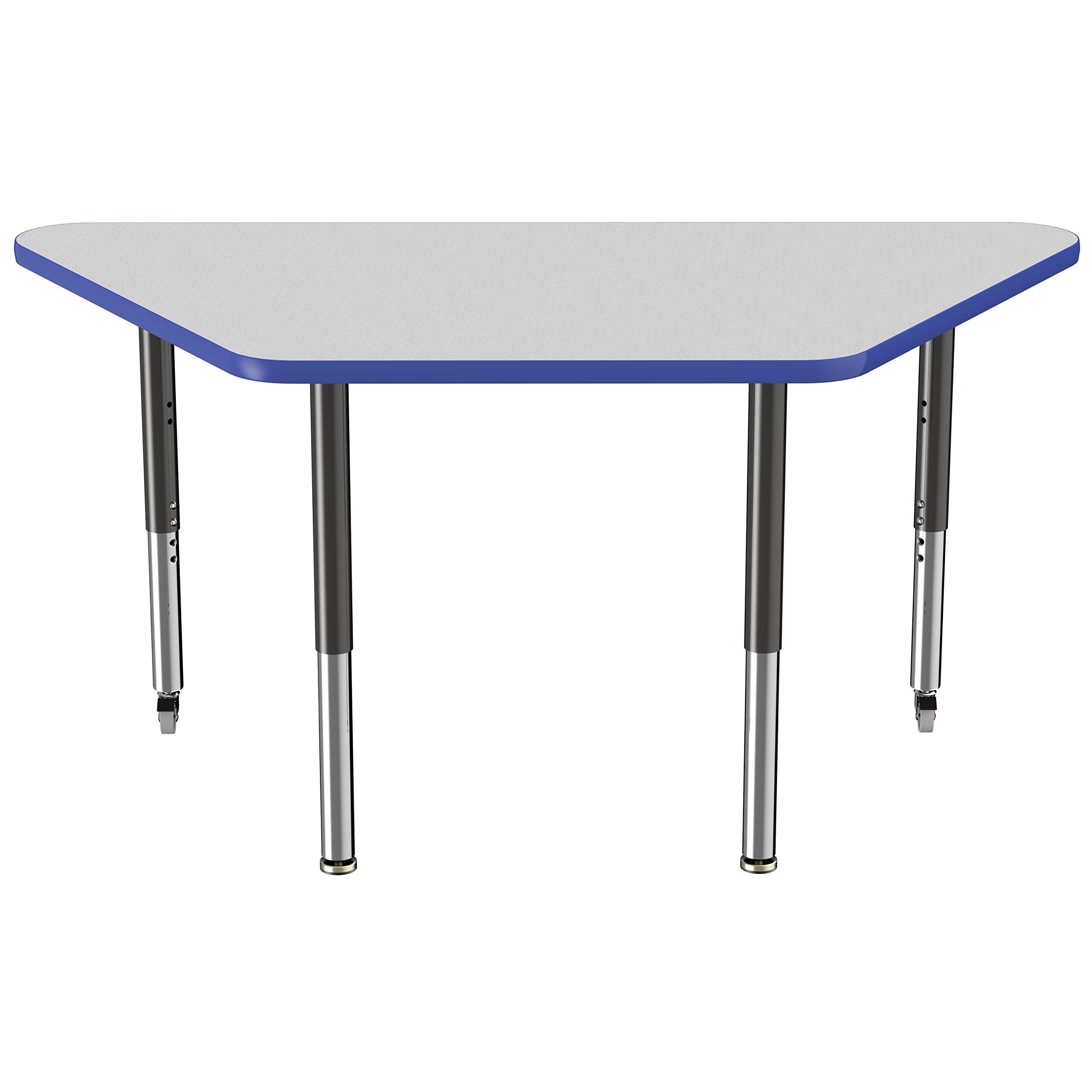 FDP Adjustable Height Mobile Trapezoid Activity Table - 30 x 60 Inch School & Office Desk with Casters, Gray Top & Blue Edge for Collaborative Workspaces | Perfect for Classrooms, Meeting Rooms & Coworking Spaces
