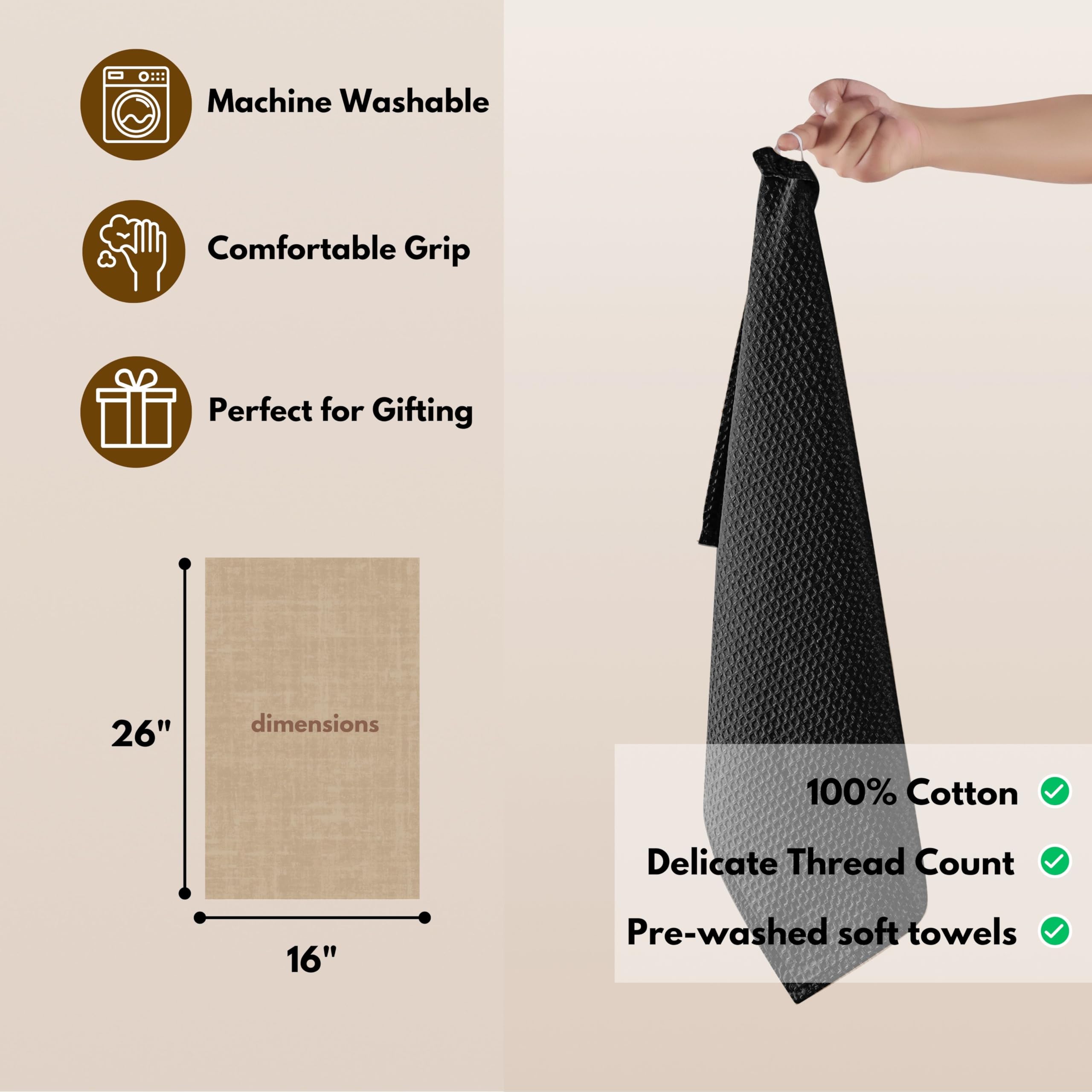 Premium 16x26 Inch Waffle Weave Kitchen Towels - 12-Pack Ultra Absorbent Cotton Dish Cloths with Hanging Loop | Soft Bar Towels, Cleaning Rags & Washcloths for Drying Dishes, Countertops & Glassware (Black)