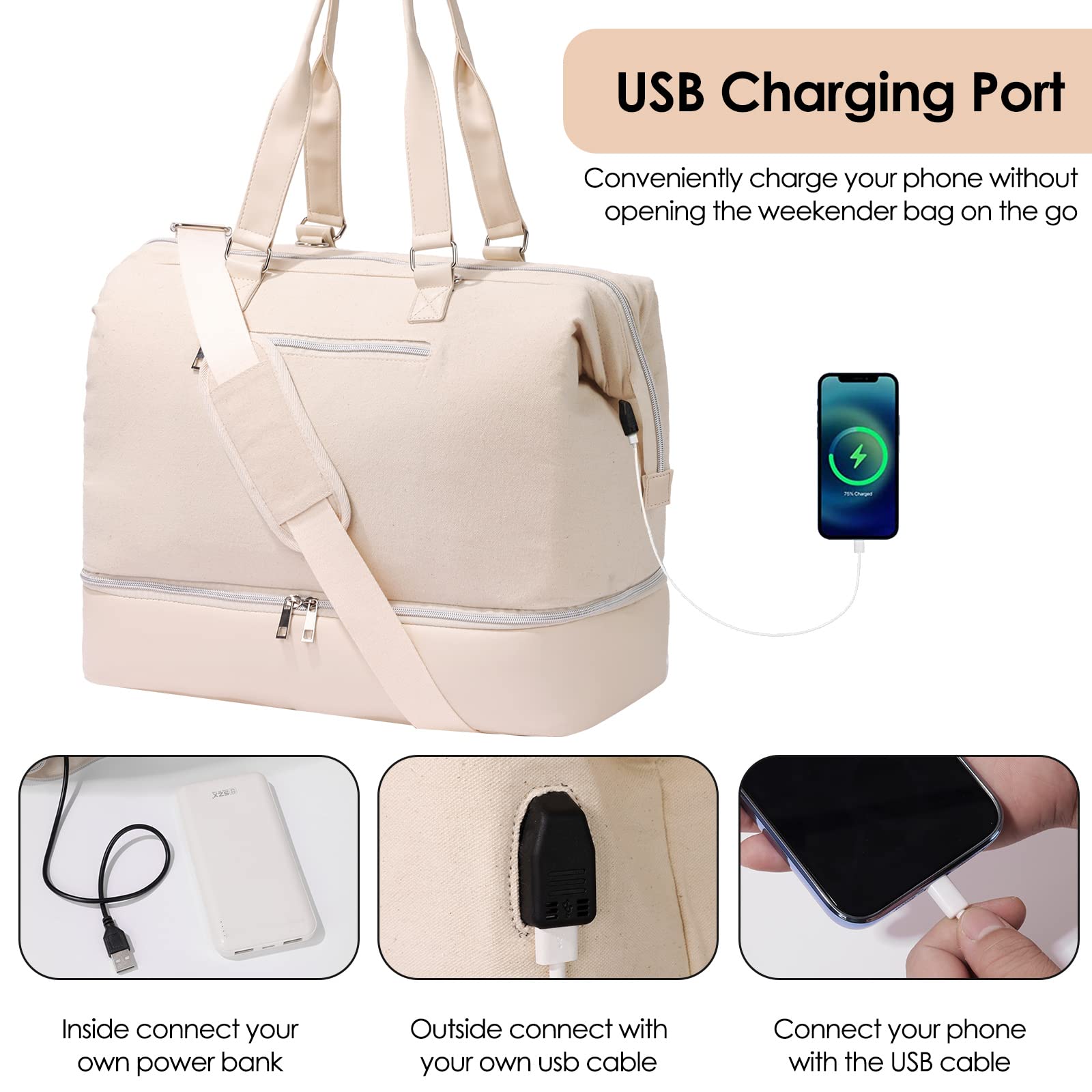 Stylish Large Weekender Bag for Women - Spacious Overnight Travel Duffel with Shoe Compartment | Perfect for Weekend Getaways, Gym Trips & Airplane Carry-On (Beige)