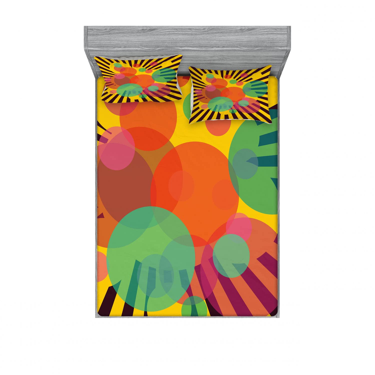 Retro 2-Pack Full Size Fitted Sheet & Pillow Sham Set with Circular Stripes - 4 Piece Bedding Decor Includes 2 Fitted Sheets & 4 Pillow Covers - Vibrant Multicolor Design for Vintage Bedroom Makeover