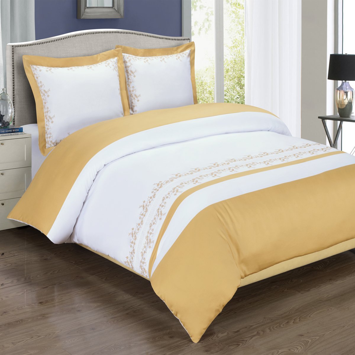 Luxury Royal Hotel Bedding Gold & White Amalia 4-Piece King/Cal-King Embroidered Comforter Set - 100% Premium Cotton, 300 Thread Count - Perfect for Master Bedroom, Guest Room & Luxury Hotel Decor