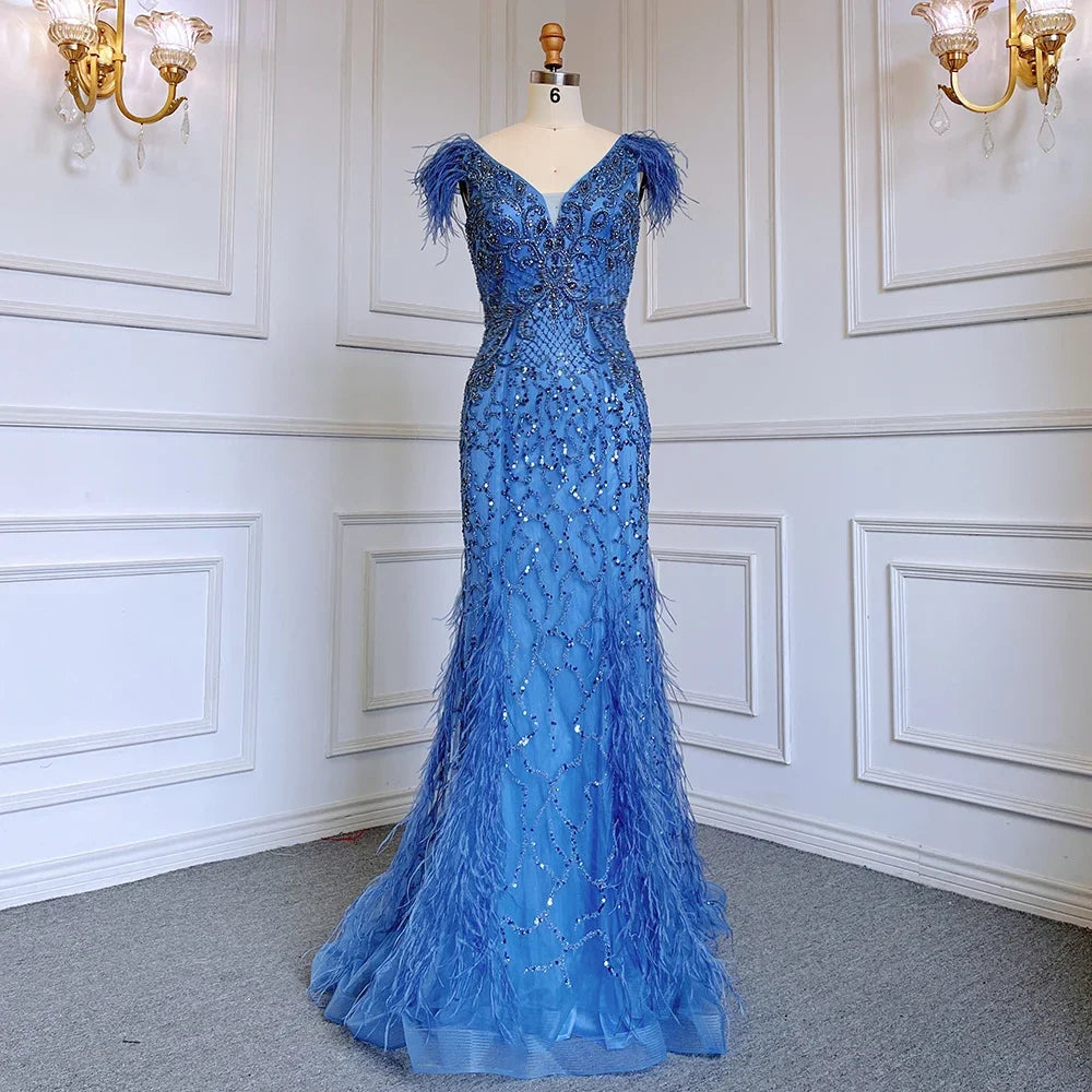Elegant Champagne Mermaid Evening Dress with Diamond Feathers - Sleeveless Formal Beaded Gown for Women | Perfect for Prom, Wedding Guest & Black Tie Events - LA70350