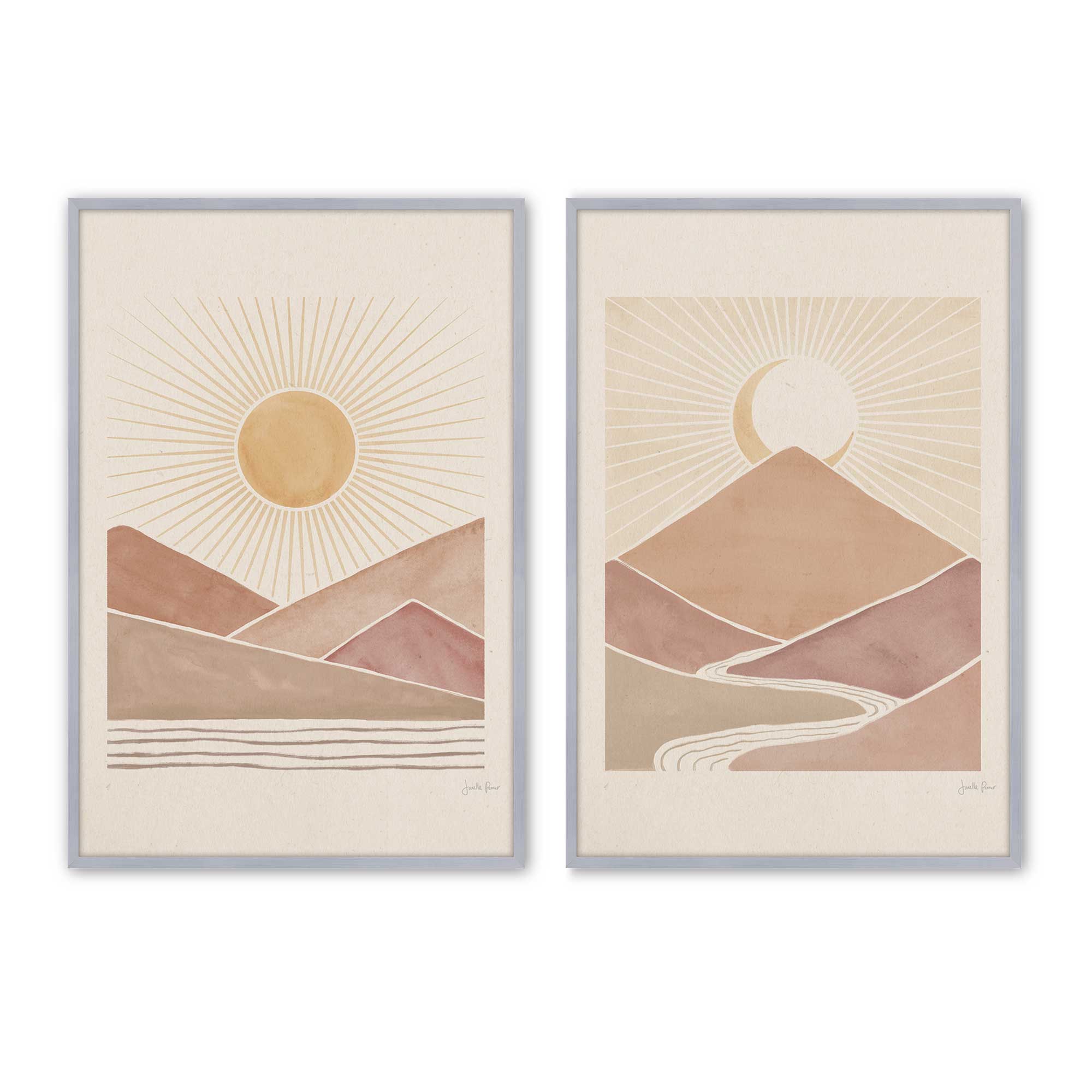 Desert Sunrise and Sunset Wall Art - Set of 2 Framed Prints for Living Room, Bedroom & Office Decor