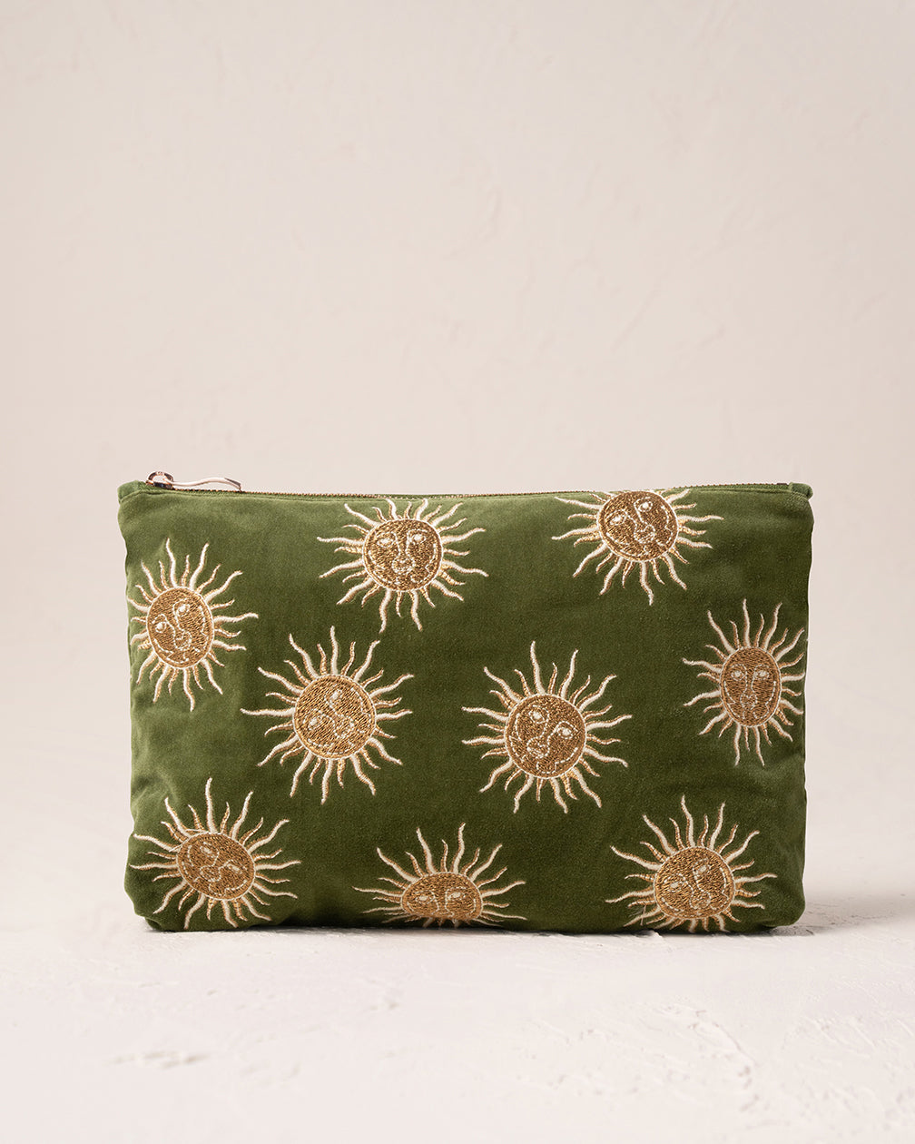 Elizabeth Scarlett Velvet Everyday Pouch - Fern Green Sun Goddess | Luxurious Makeup Bag & Travel Organizer | Perfect for Cosmetics, Jewelry & Essentials Storage