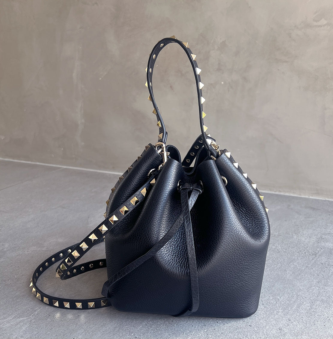 Valentino Rockstud Buckle Detail Leather Bucket Bag in Black | Luxury Shoulder Handbag for Women | Perfect for Evening Parties & Date Nights