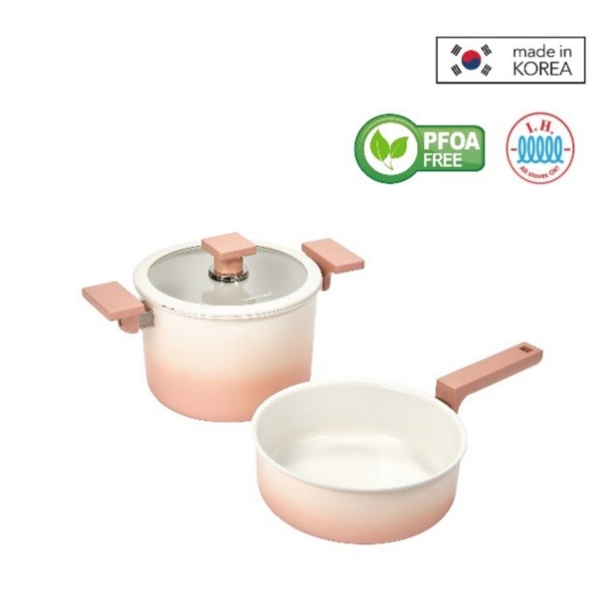 Happycall Add z Blanc 2-Piece Nonstick Cookware Set - Induction Compatible Pink Ceramic Coating Pots & Pans (HEA 3900 0367) for Healthy Cooking & Easy Cleanup | Perfect for Sauteing, Frying & Simmering