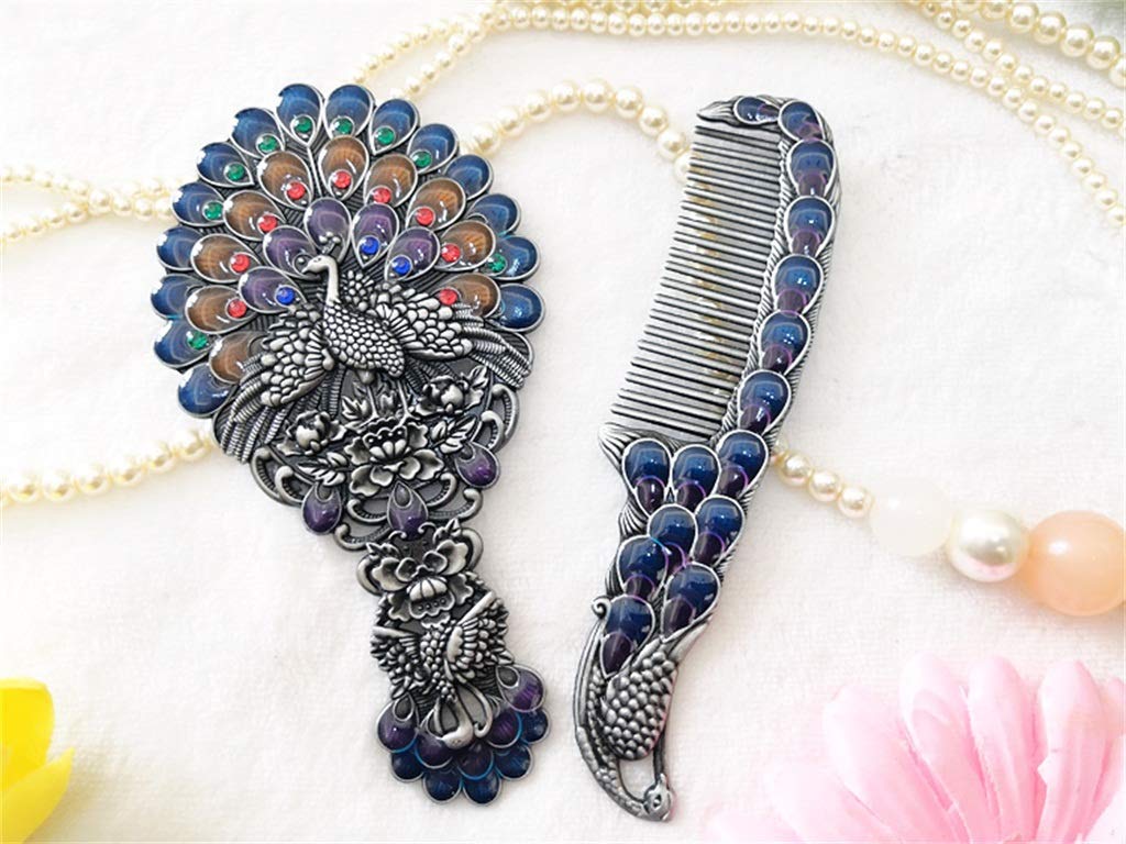 Vintage Handheld Mirror with Peacock Carving & Rhinestones - Portable Makeup Mirror with Hollow-Out Design & Comb Set for Dressing Table, Travel, and Bridal Makeup