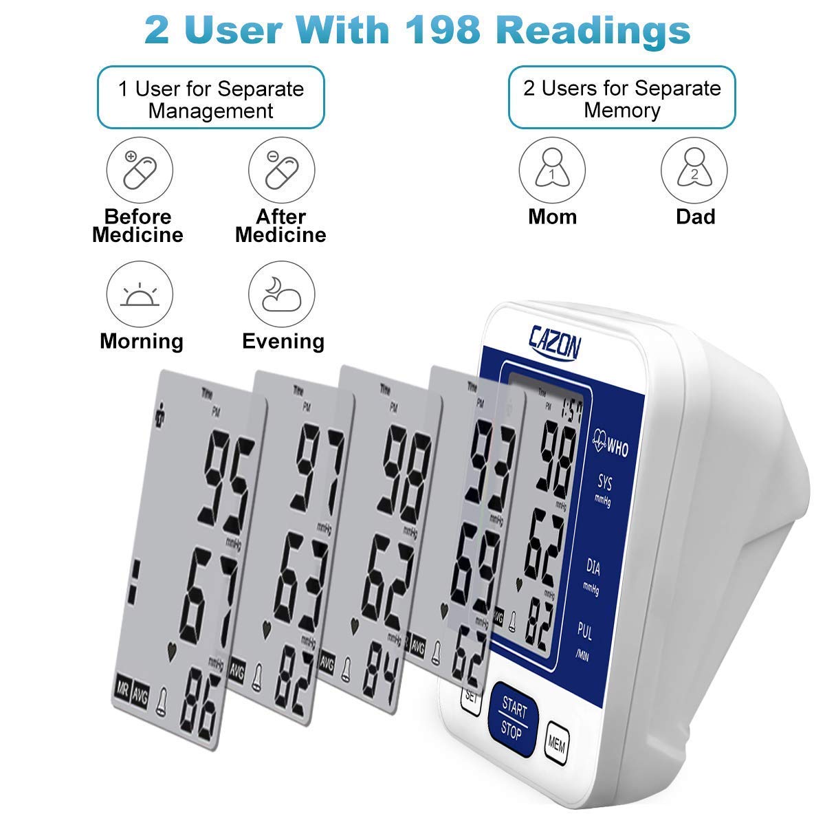 CAZON Large Cuff Blood Pressure Monitor for Home Use - Upper Arm BP Machine with 22-40cm Cuff, LCD Display & Heart Rate Tracking - Ideal for Hypertension Management & Health Monitoring (Blue)