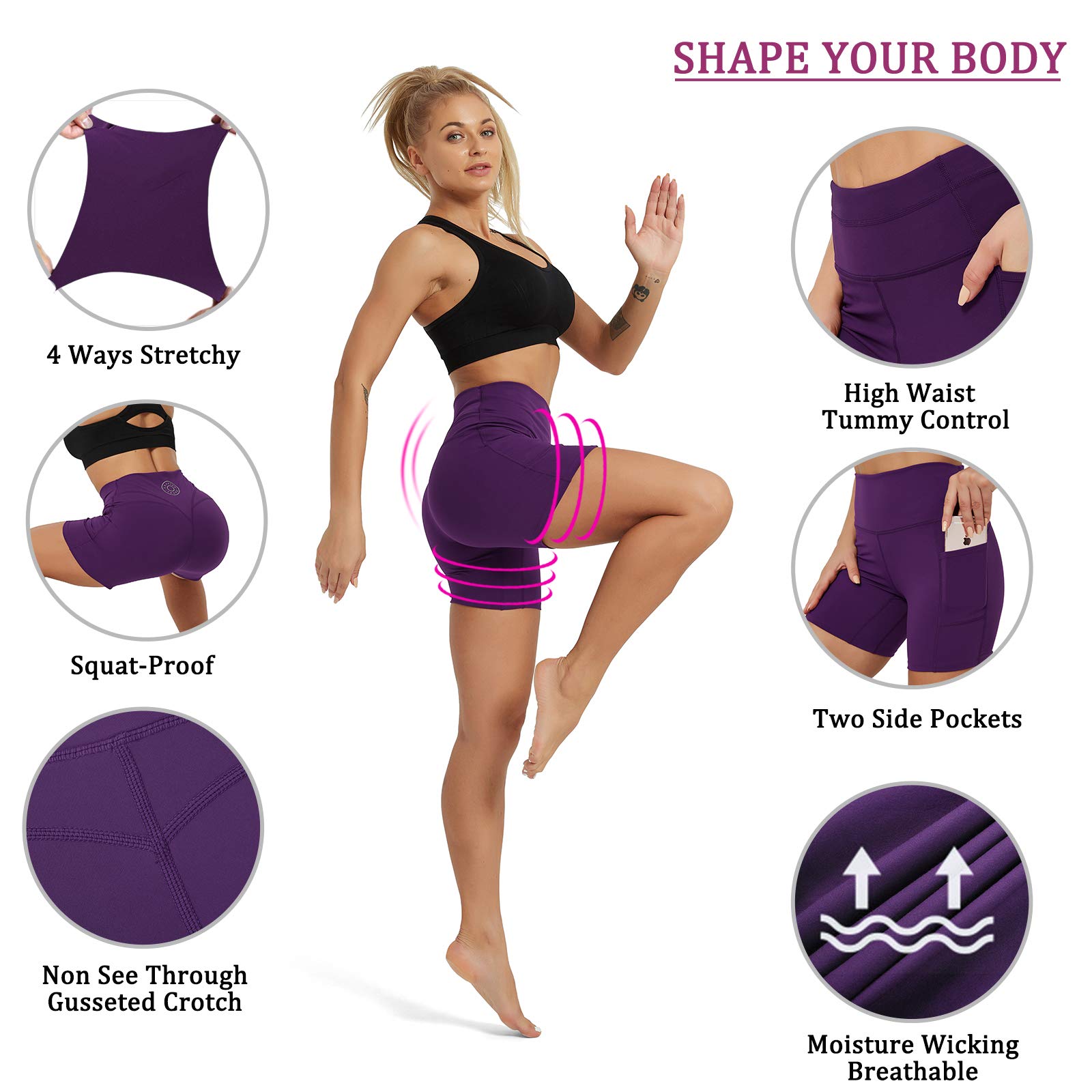 Rataves Women's 6 Inch Athletic Yoga Shorts with Pockets - High Waisted Tummy Control Workout Shorts for Yoga, Hiking, Running & Gym - Comfortable Breathable Activewear (002)