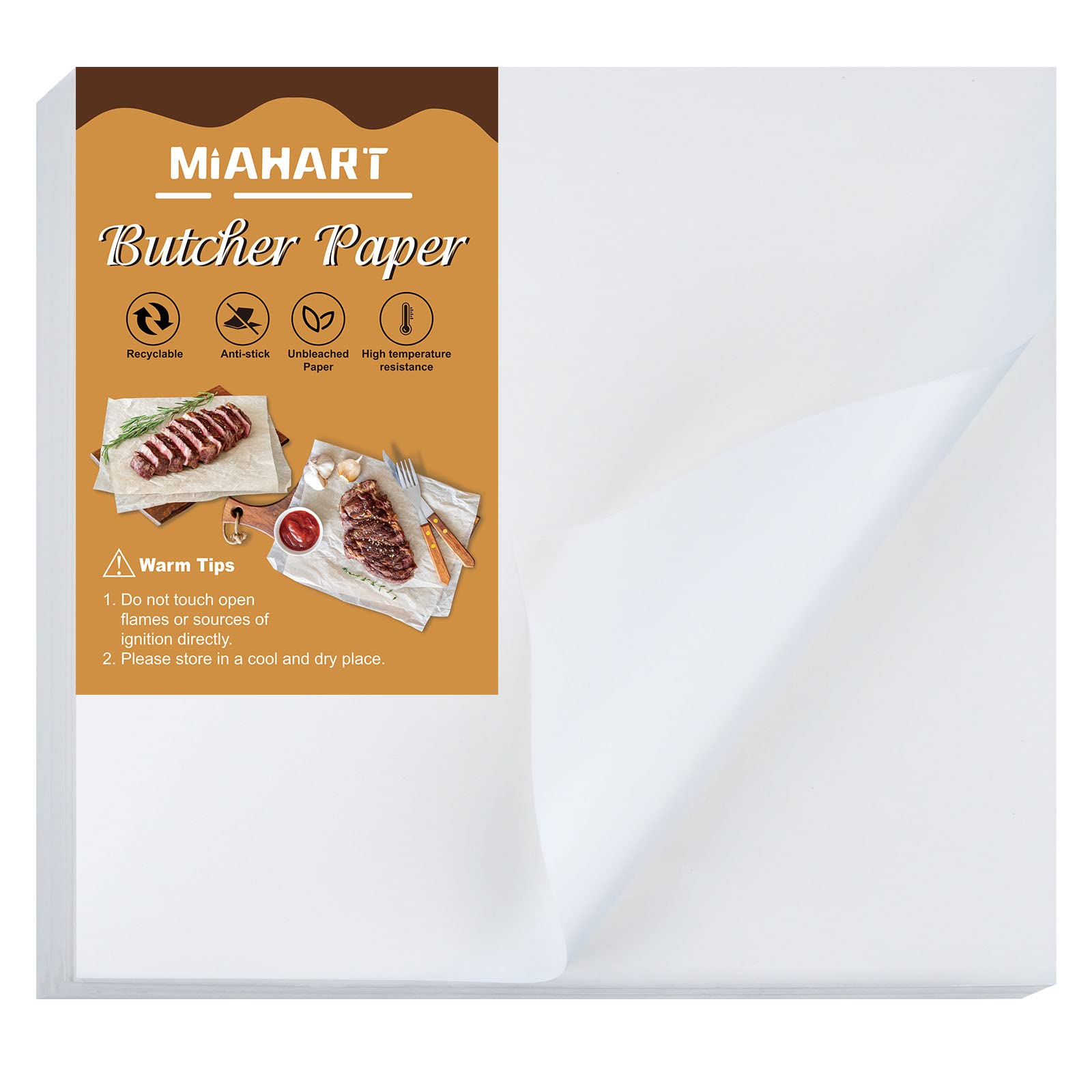 60-Pack MIAHART Heavy-Duty White Butcher Paper Sheets - 12x11 Inch Precut Square Meat Wrapping Paper, Wax-Free for Sublimation Heat Press & Food Safe | Perfect for BBQ, Meat Packaging & Craft Projects