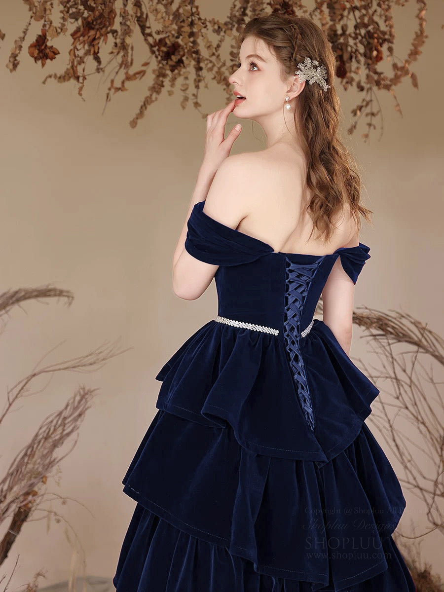 Elegant Off Shoulder A-Line Velvet Prom Dress in Dark Blue - Long Formal Gown for Homecoming, Evening Parties & Special Occasions