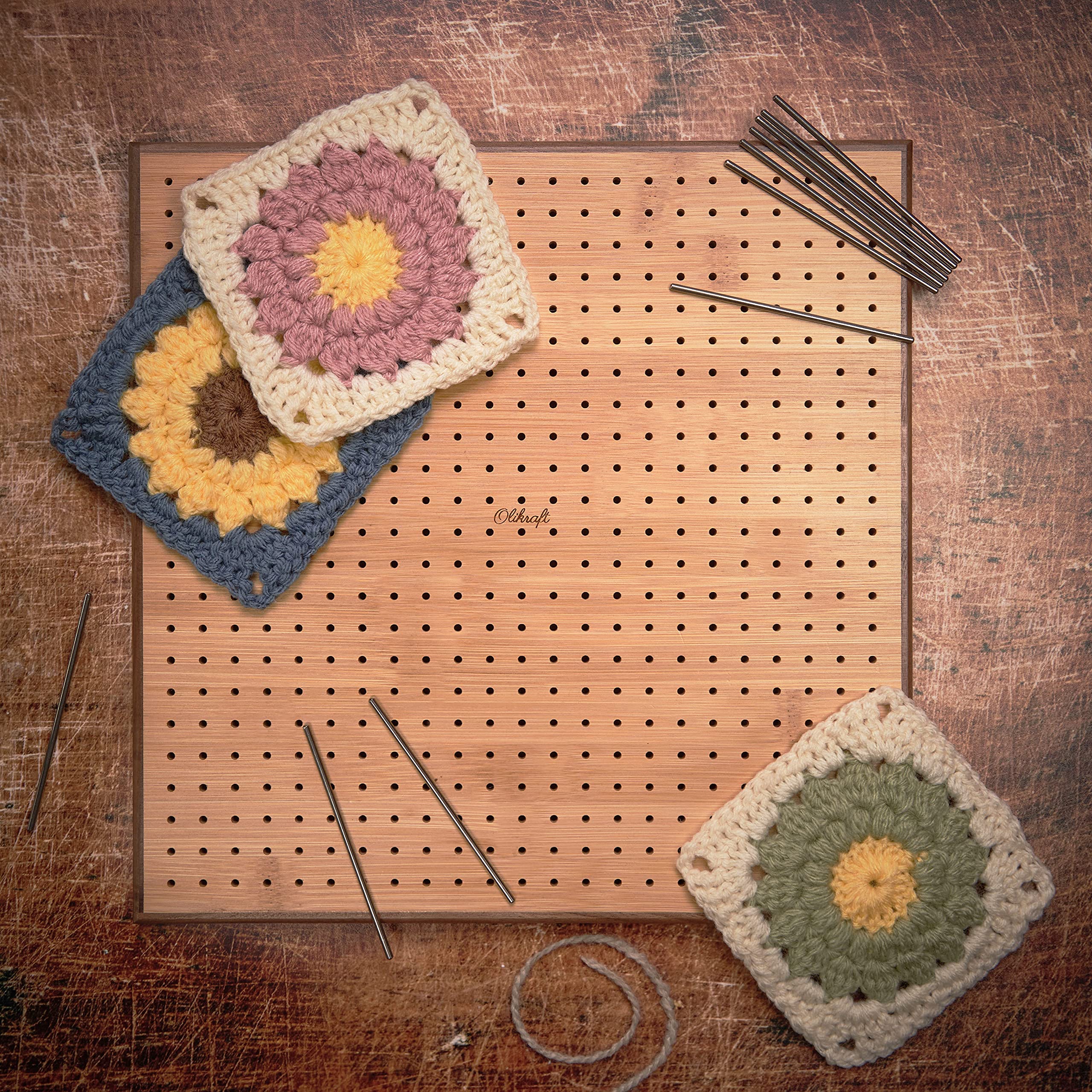 Olikraft Crochet Blocking Board with 50 Stainless Steel Pins - 11 Inch Granny Square Blocking Mat for Knitting & Crochet Projects - Essential Yarn Crafting Tools & Accessories (Perfect for Blocking Shawls, Doilies & Amigurumi)