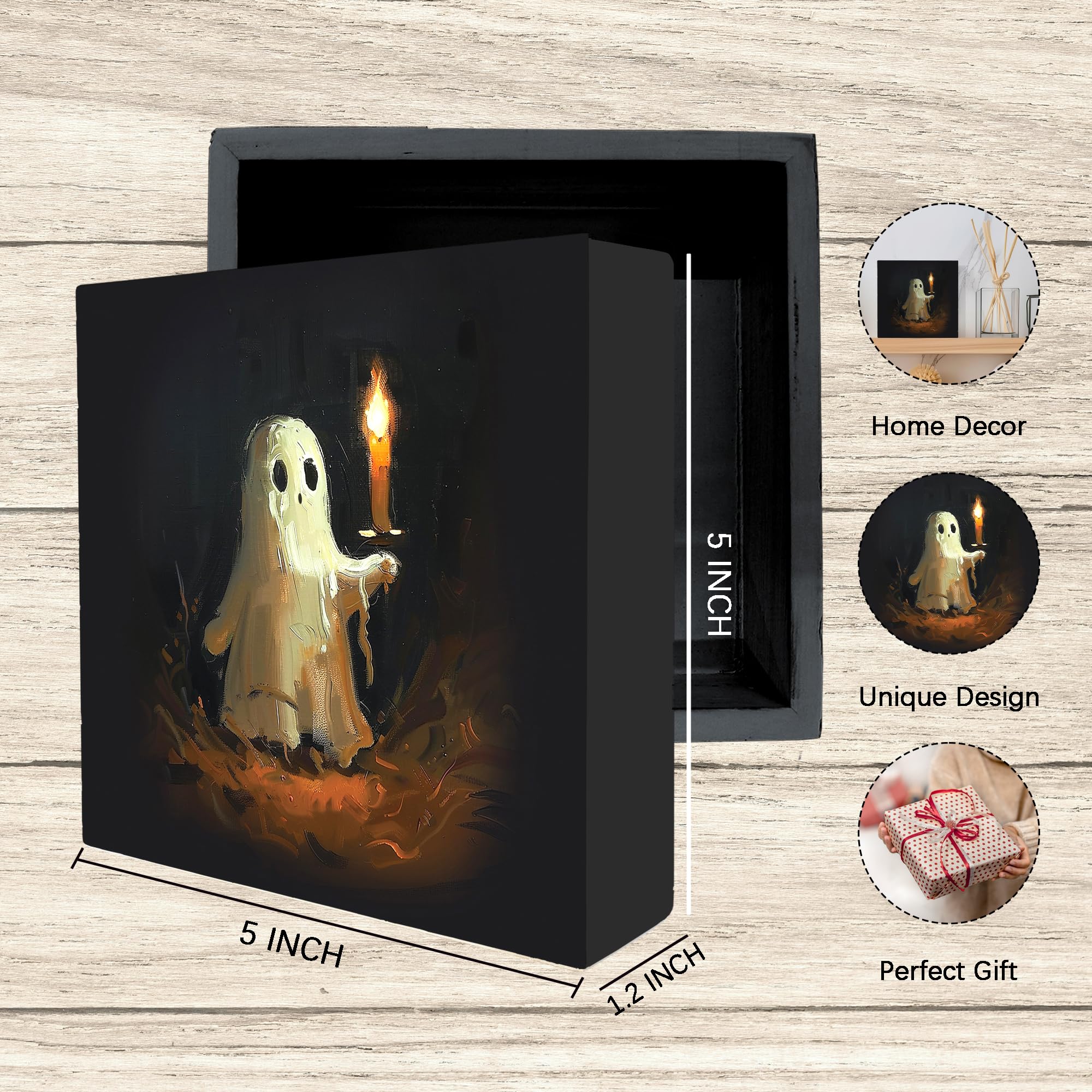 Spooky Ghost Holding Candle Wooden Box Sign - 5x5 Inch Halloween Decor for Table, Desk & Shelf - Gothic Home Decor for Halloween Party & Haunted House Theme