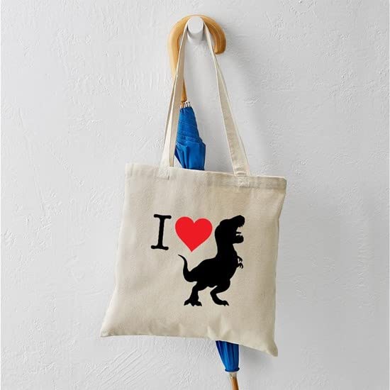 I Love T Rex Natural Canvas Tote Bag - Reusable Grocery Shopping Bag for Dinosaur Lovers, Eco-Friendly & Durable (Perfect for School, Work, or Farmers Market)