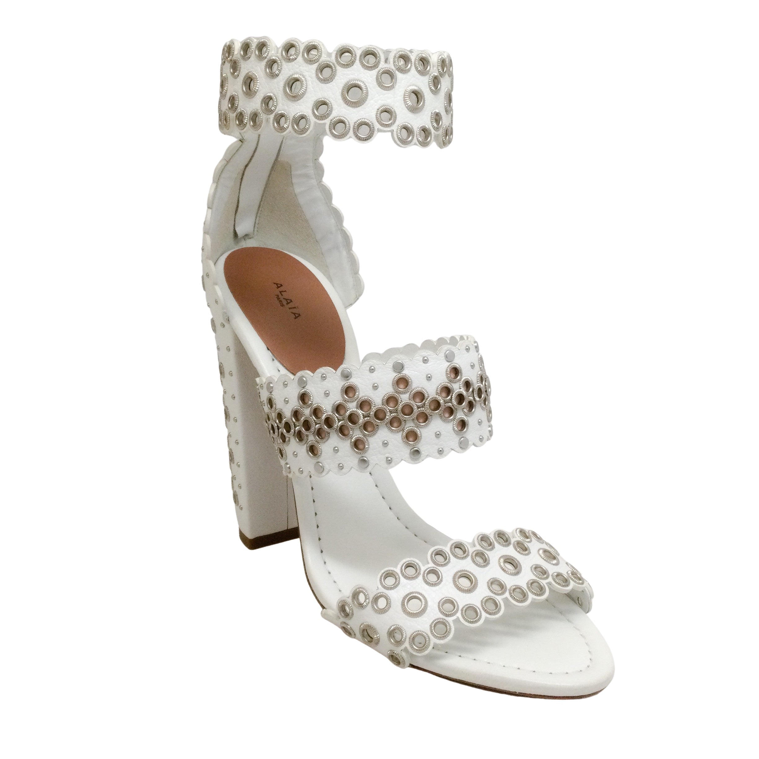ALAÏA Women's White Leather Grommet Ankle Strap Sandals - Elegant Summer Wedges for Beach, Party & Evening Wear