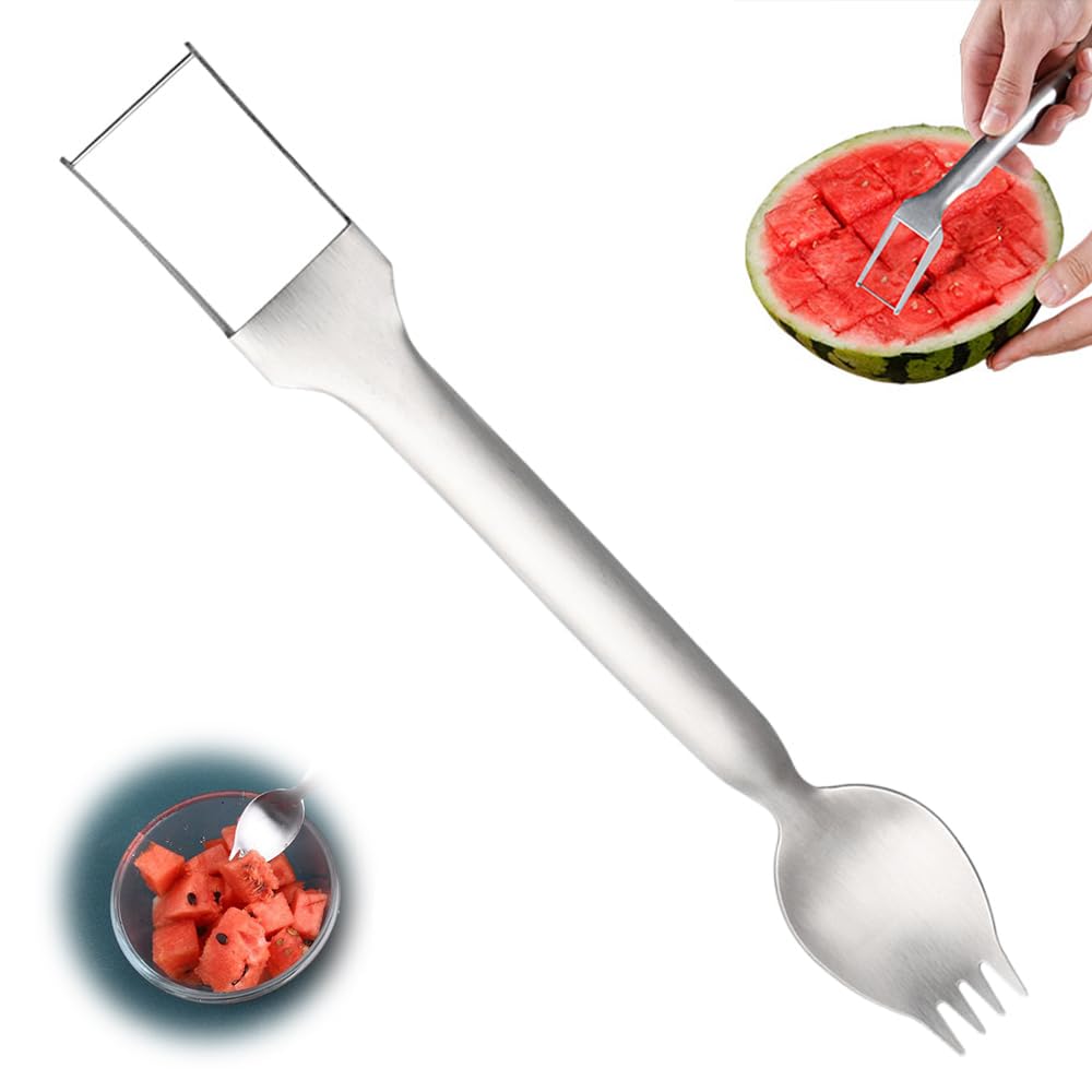 2024 Upgraded 2-in-1 Stainless Steel Fruit Cutter & Slicer - Dual Head Watermelon Fork & Knife Tool for Easy Fruit Cutting - Perfect for Picnics, BBQs, and Kitchen Prep (1 Piece)