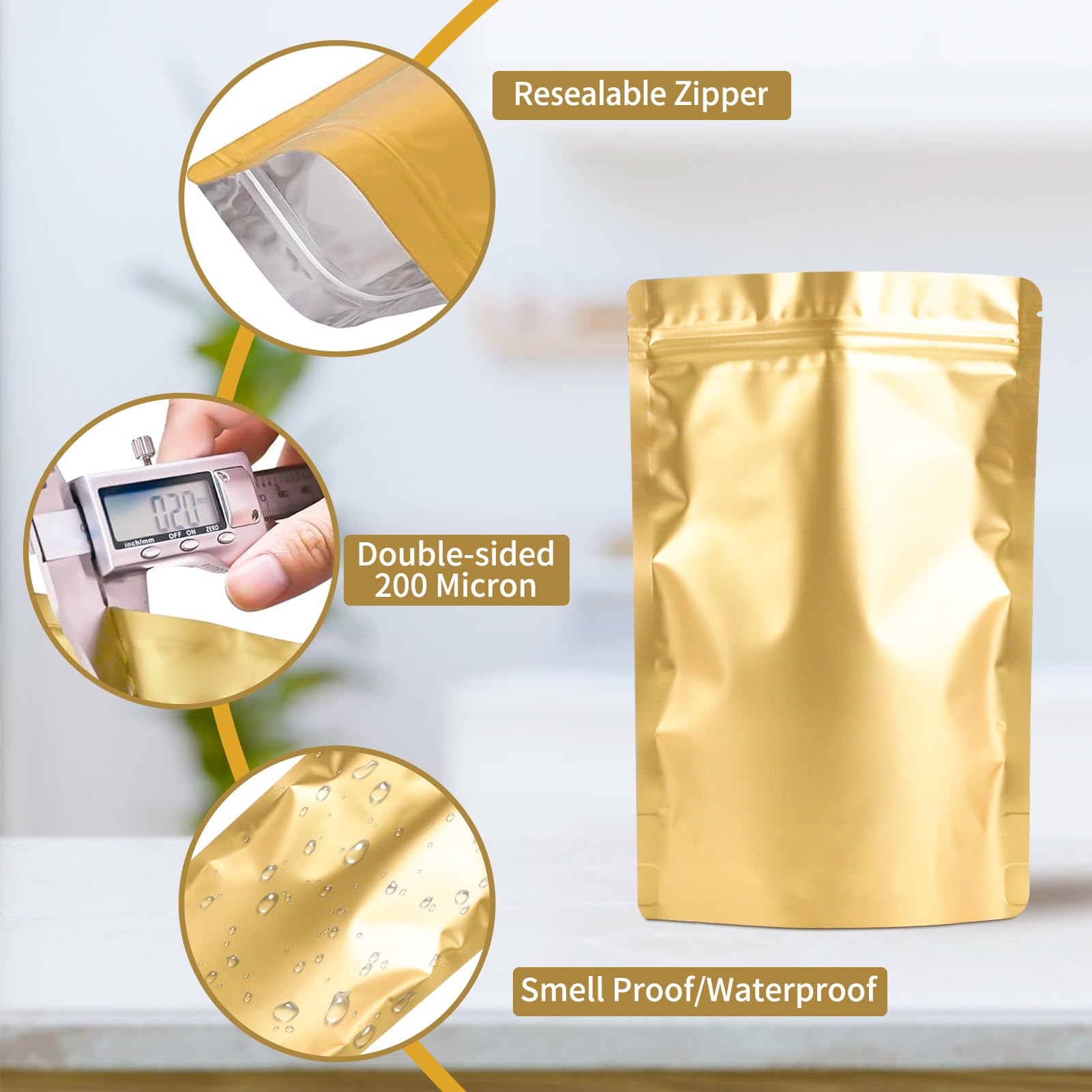 100 Pack Mylar Smell Proof Bags - Resealable Gold Stand Up Pouch Bags with Foil Seal for Food Storage, Coffee, Tea, Herbs & Spices | 3.93×5.9 Inch | Airtight Packaging for Freshness & Odor Control