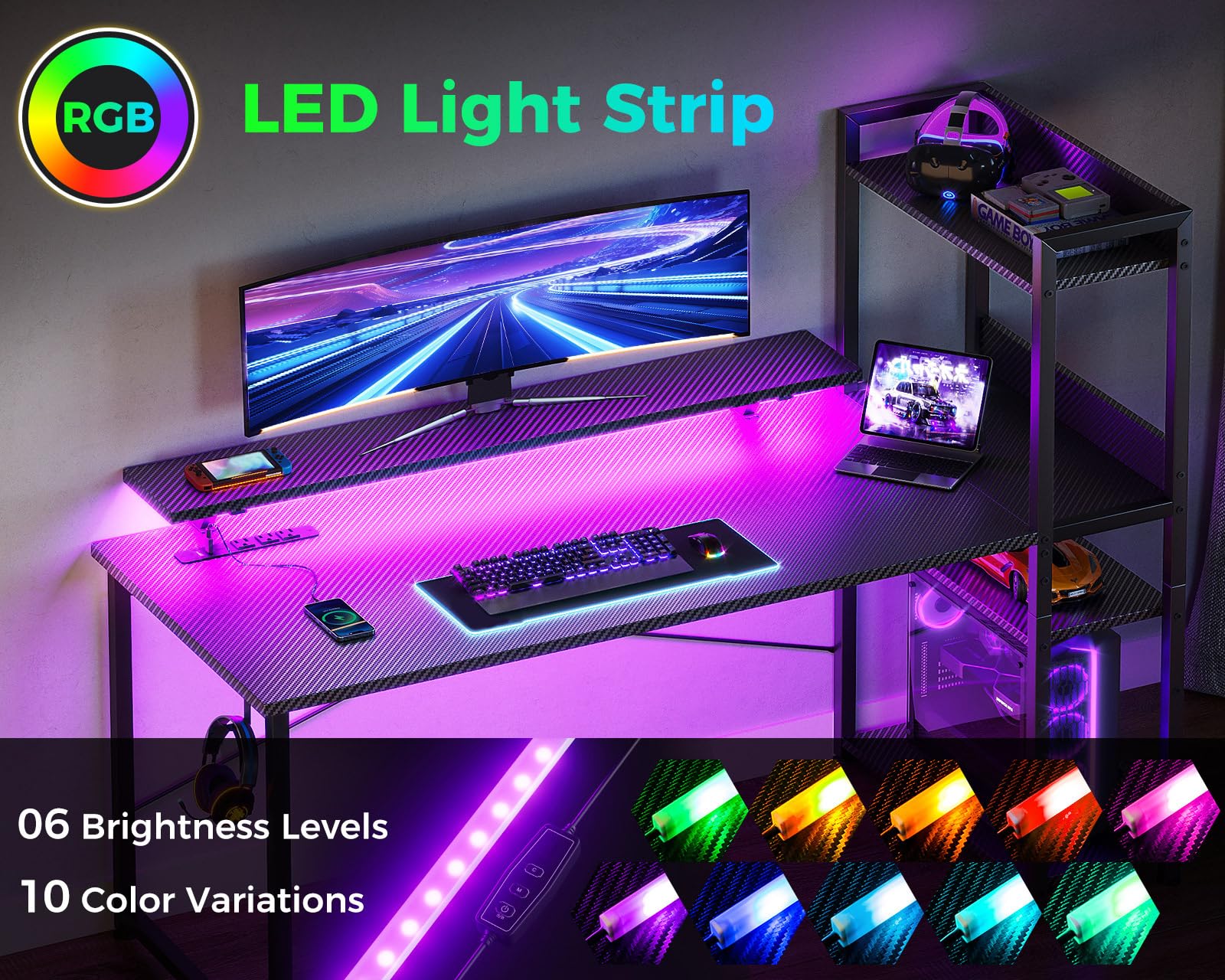 ODK 55 Inch Reversible Gaming Desk with USB Charging Port & LED Lights, Carbon Fiber Black Computer Desk with Storage Shelves & Monitor Stand - Perfect for Home Office, Gaming Setup, and Bedroom Workspace