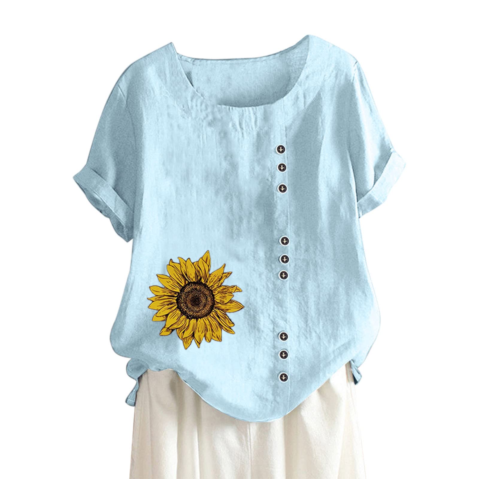 Women's Floral Printed Cotton Linen Short Sleeve Tunic Blouse - Summer Casual Loose Fit Crew Neck Top for Beach, Vacation & Everyday Wear