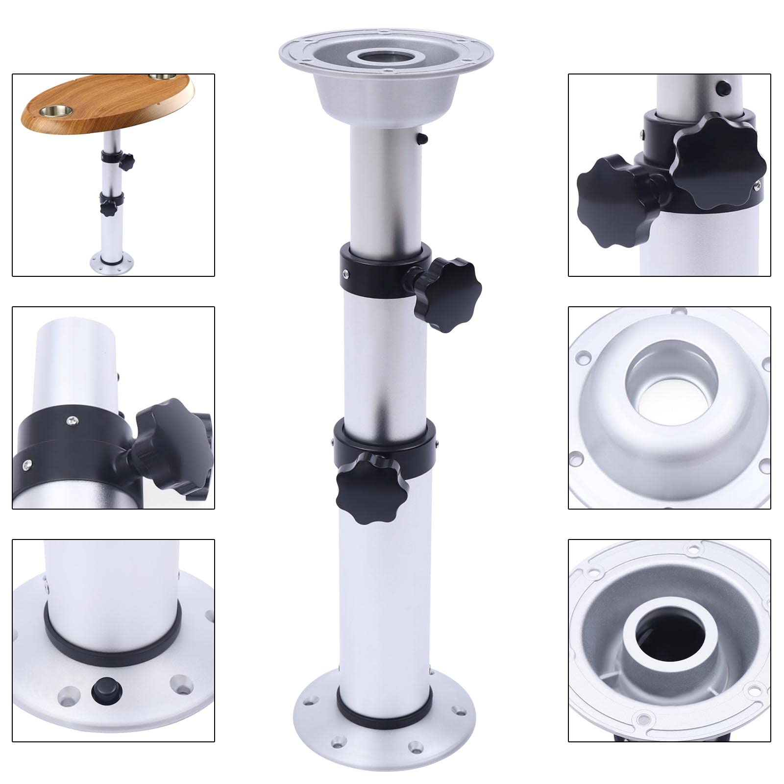 Adjustable Table Pedestal Stand Base - 16.9 to 29.1 Inch Height - Silver Metal Leg Mount for RV, Motorhome, Boat & Caravan - Perfect for Dining, Work & Outdoor Camping Tables