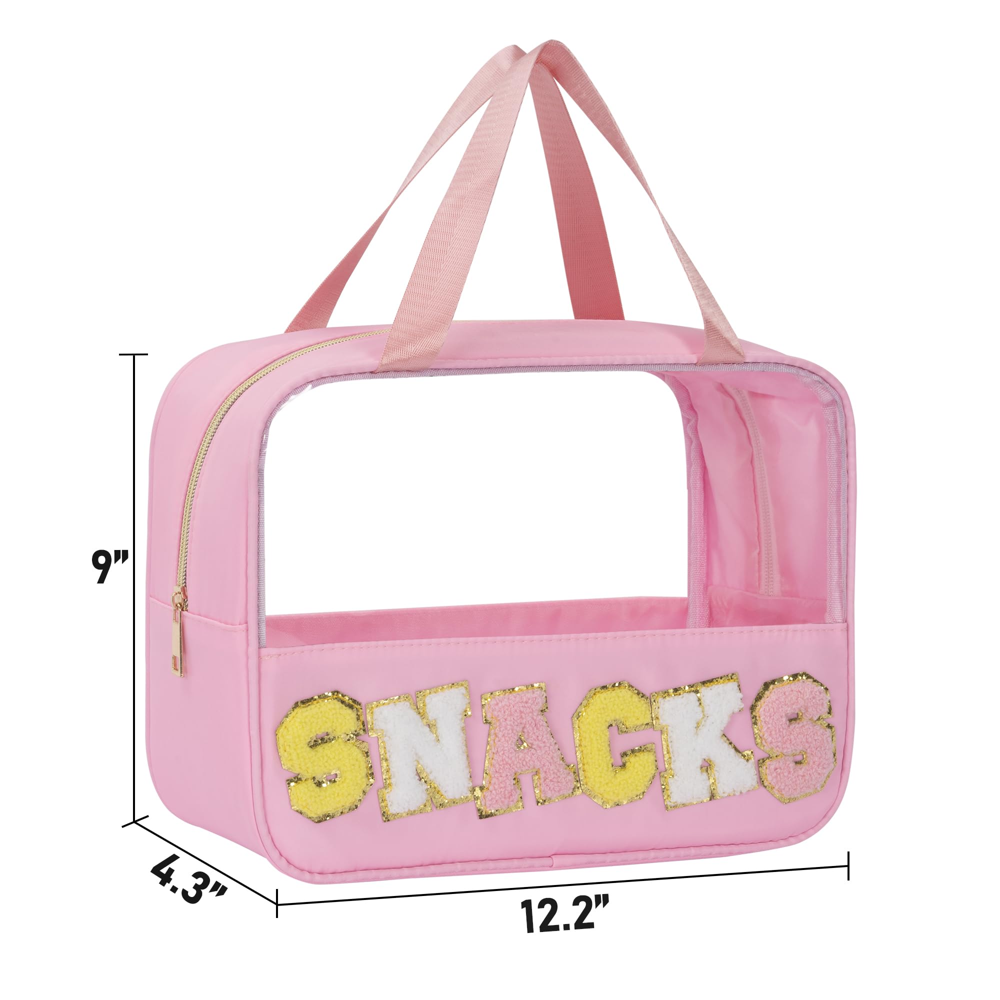 Chenille Letter Snacks Bag - Clear TPU & Nylon Zipper Pouch with Handle for Travel, Makeup, Toiletries & Organizing | Multi-Purpose Cosmetic Bag for Women (Pink) | Perfect for School Lunches, Gym Essentials & Travel Accessories