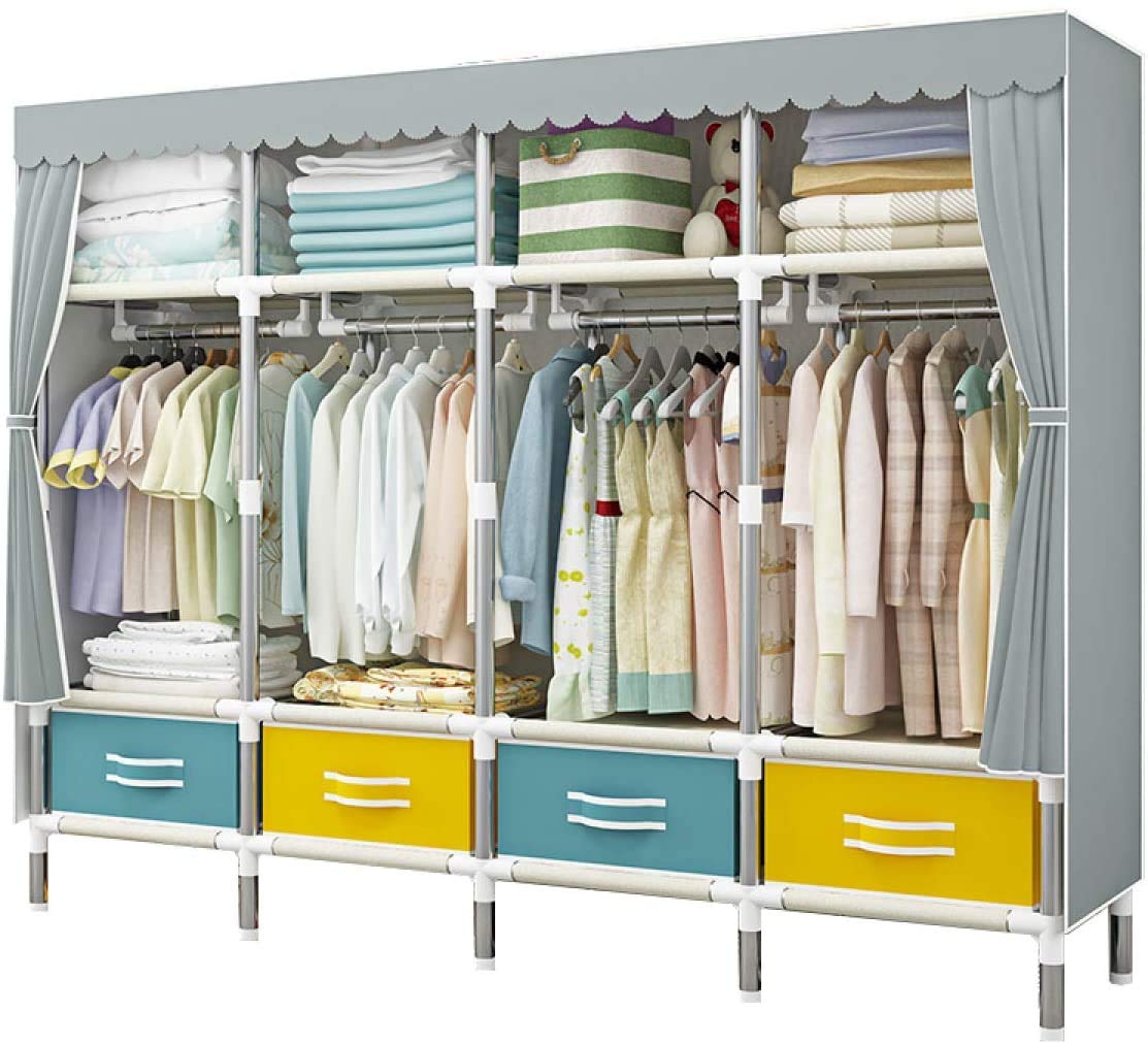 Portable Cloth Wardrobe for Bedroom - Steel Frame Hanging Closet Organizer with Shelves for Clothes, Shoes & Hats | Space-Saving Storage Solution for Small Apartments & Dorm Rooms (Blue)