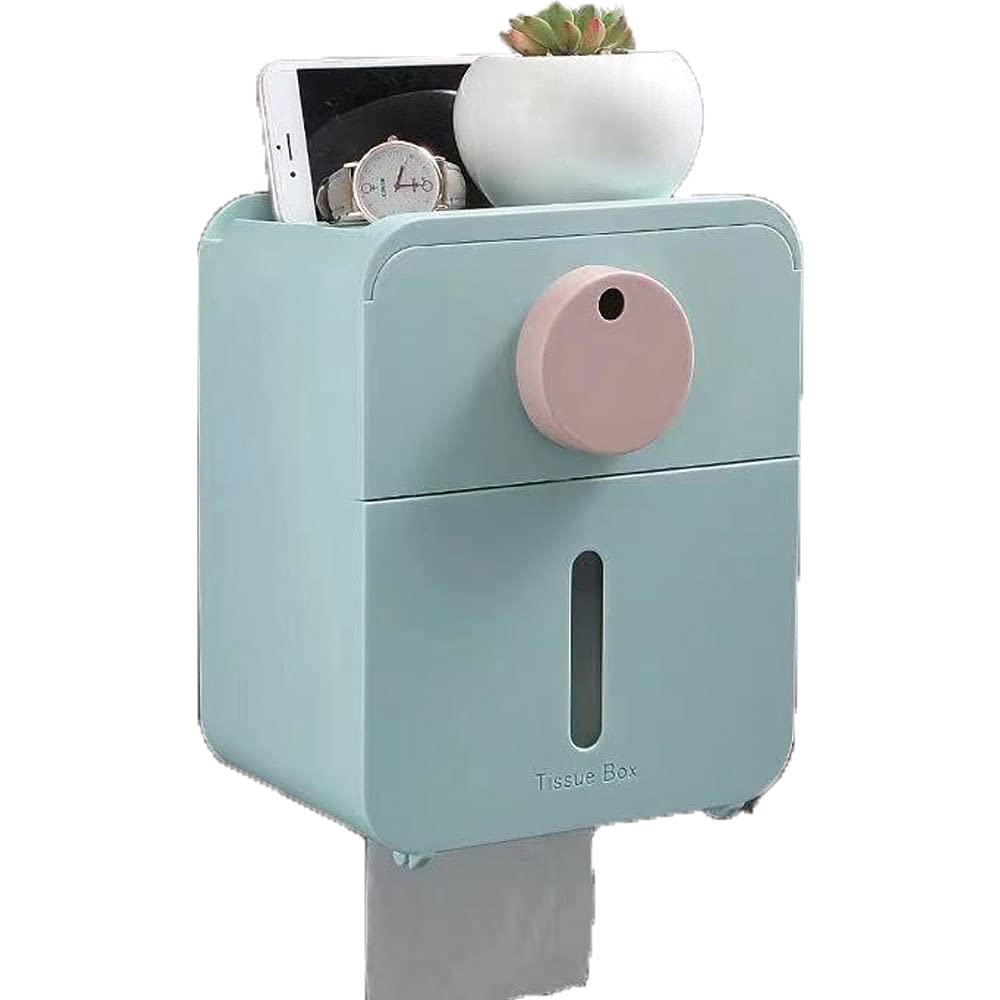Sticky Toilet Paper Holder - No Drill Wall Mounted Bathroom Tissue Box with Storage Drawer, Waterproof Roll Paper Dispenser for Bathroom & Kitchen (Blue) - Perfect for Small Spaces, RVs and Apartments