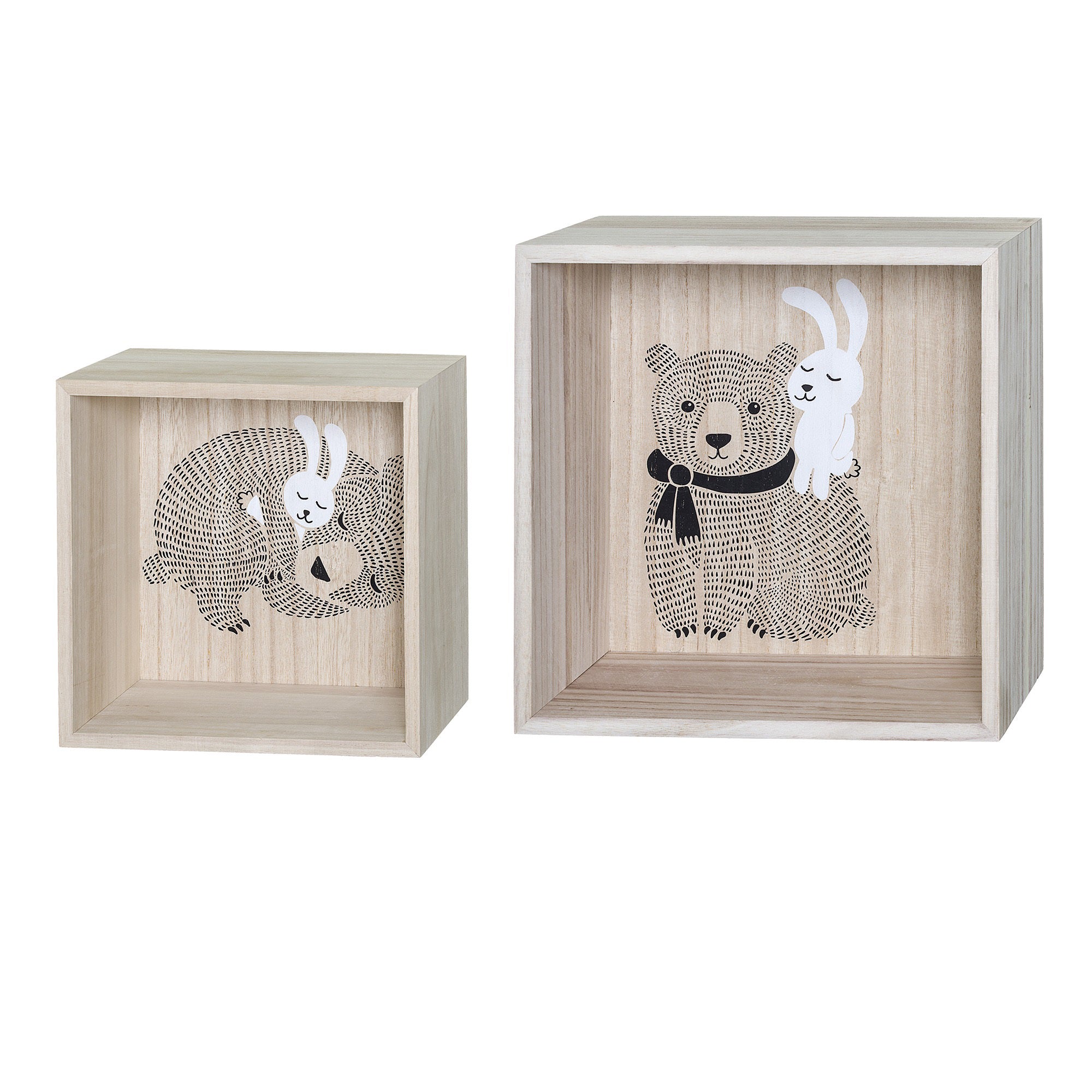 Bloomingville Wooden Bear Display Boxes - Set of 2 Rustic Nature-Themed Storage Containers for Home Decor, Nursery, or Gift Wrapping | Perfect for Organizing Jewelry, Keepsakes, and Small Treasures