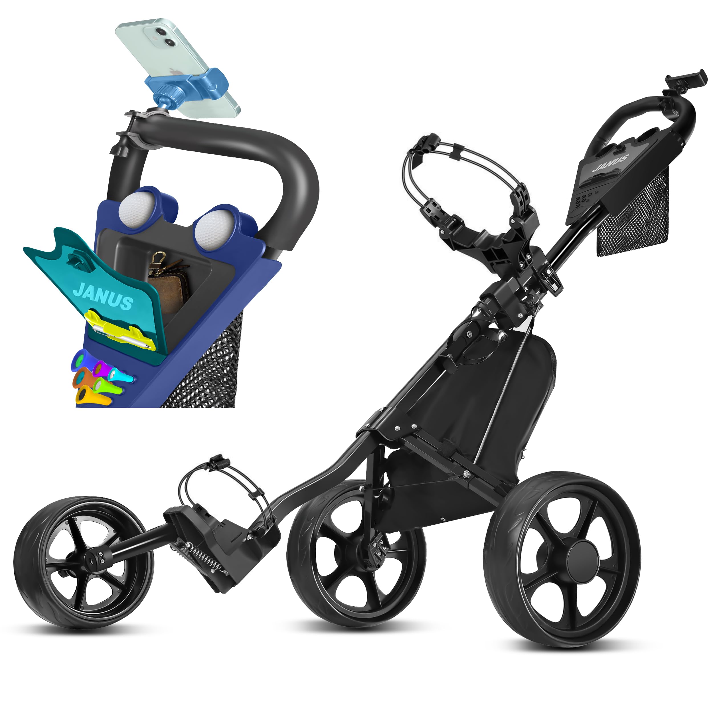 JANUS 3-Wheel Foldable Golf Push Cart with Phone Holder & Cooler Bag - Lightweight Golf Bag Cart for Easy Transport - Perfect for Golfers, Caddies & Course Use