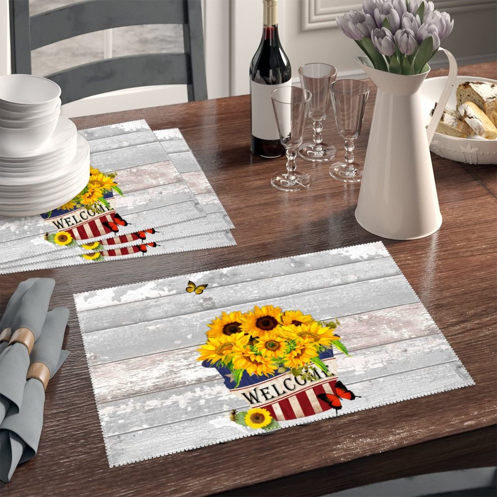 American Sunflowers Patriotic Welcome Place Mats Set of 4 - USA Flag Themed Heat Resistant Table Decor for Memorial Day, 4th of July & Patriotic Holidays - Perfect for Dining Tables, BBQs, and Outdoor Gatherings