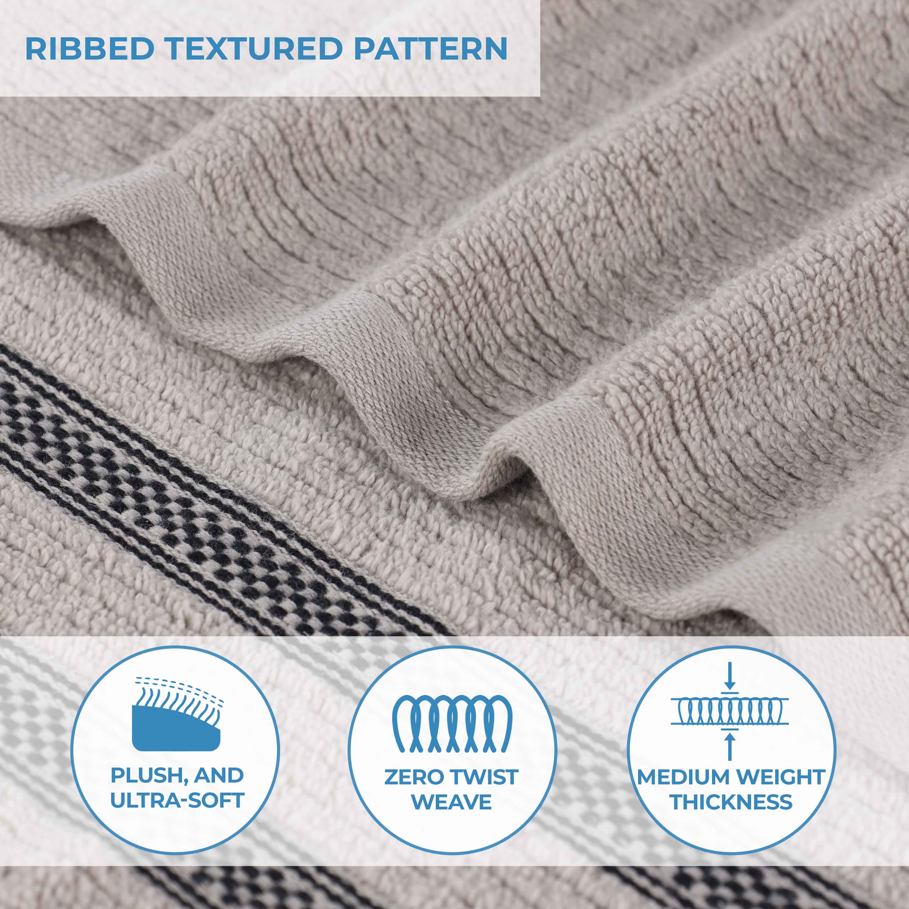 Premium Zero Twist Cotton Ribbed Geometric Border Plush 3-Piece Bath Towel Set - Ultra Soft & Absorbent for Spa, Bathroom & Luxury Home Use