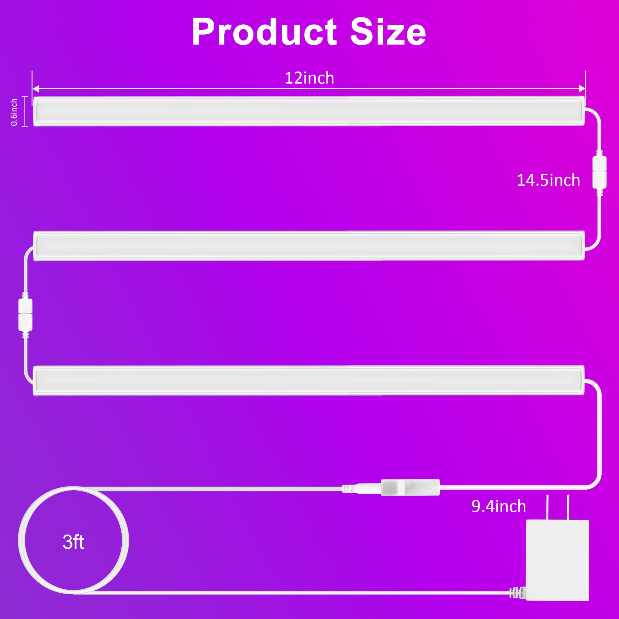 3 Pcs RGB Under Cabinet Lights Kit with Smart App & Remote Control - Dimmable LED Strip Lights for Kitchen, Counter, Workbench, Desk - Perfect for Task Lighting, Ambiance & Under Shelf Illumination