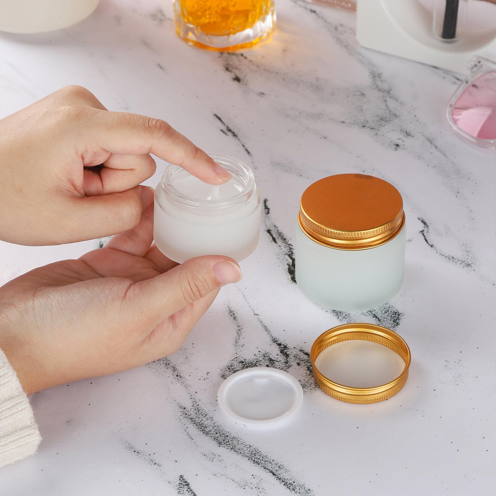 12-Pack 1oz Glass Jars with Golden Lids - Frosted Cosmetic Containers with Inner Liners & Labels - Small Jars for Eye Cream, Lotion, Scrub (Perfect for DIY Beauty Products, Travel Toiletries & Skincare Storage)
