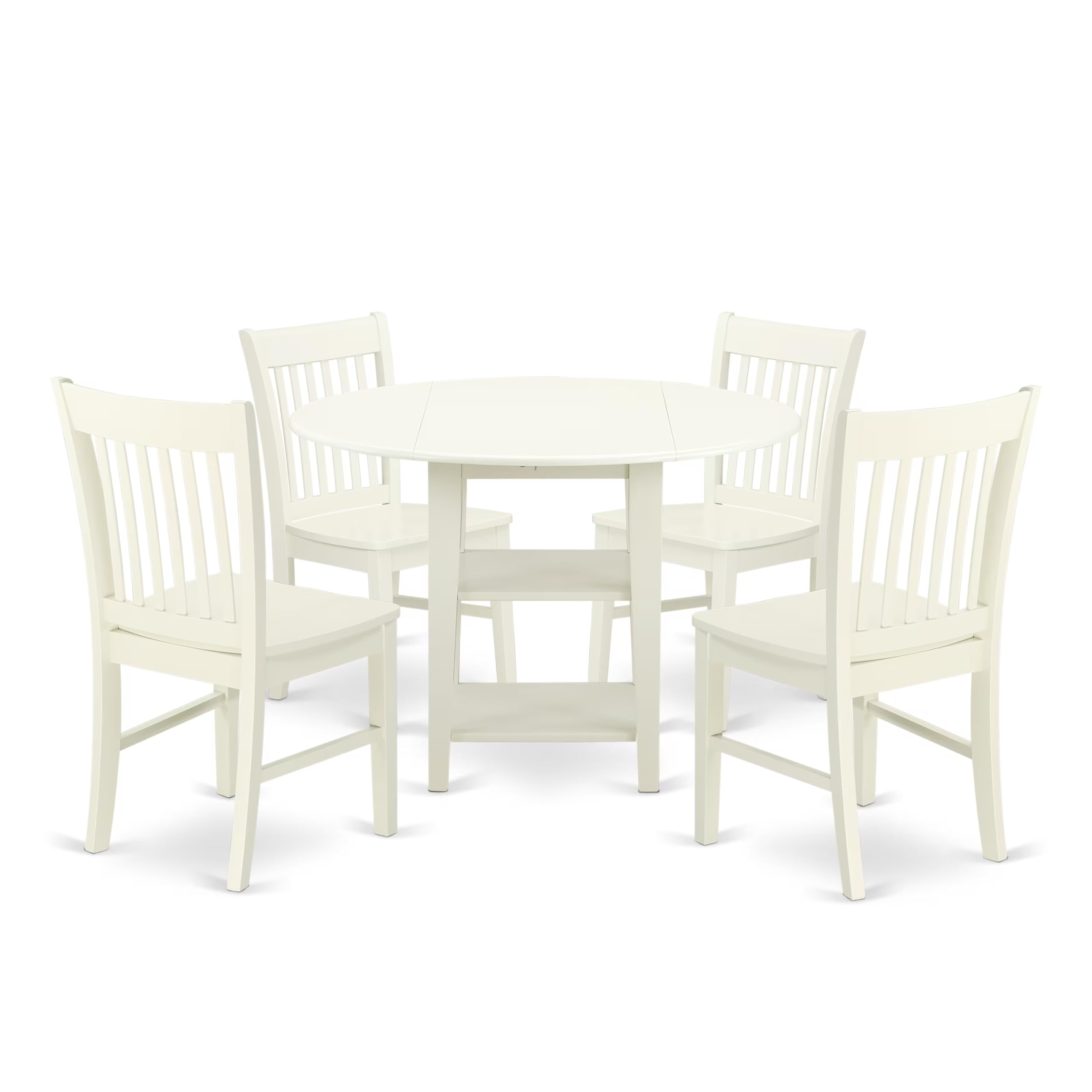 East West Furniture SUNO5-LWH-W 5-Piece Round Dining Table Set with Drop Leaf & Shelves, 4 Wooden Chairs, 42x42 Inch, Linen White - Perfect for Small Spaces, Breakfast Nooks & Cozy Family Meals