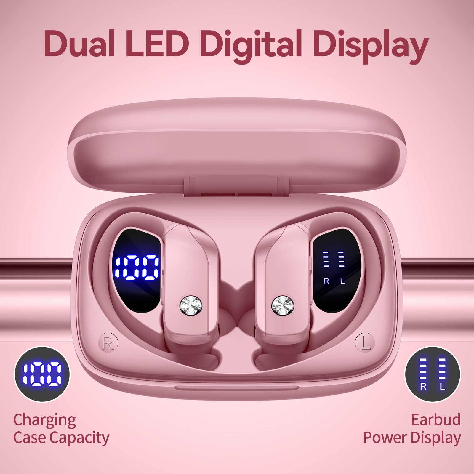 Bmani Wireless Bluetooth Earbuds with LED Display - 48H Playtime, Built-in Mic, Secure Earhooks - Perfect for Workouts, Running & Gym - Pink Sports Headphones