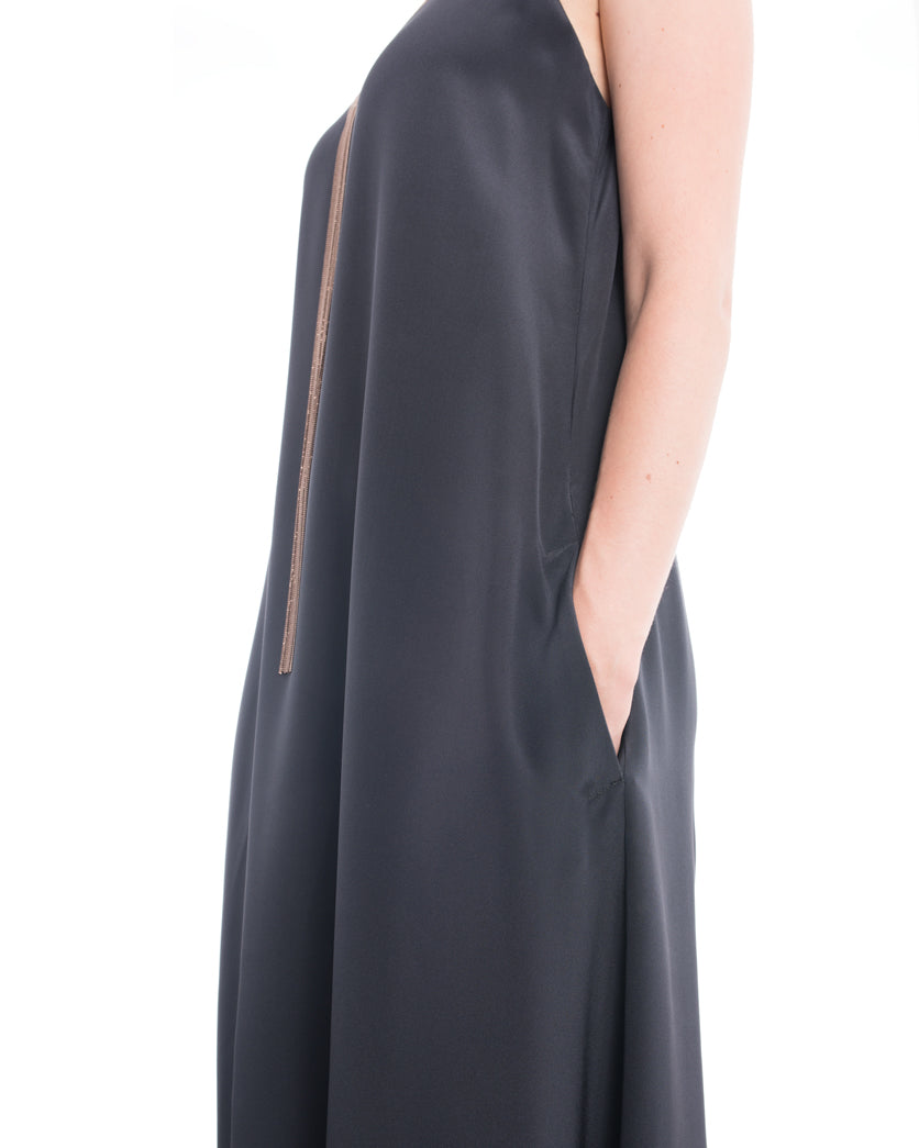 Brunello Cucinelli Grey Silk Sleeveless Maxi Dress with Copper Bead Fringe - Size M | Elegant Evening Gown for Weddings, Galas & Special Occasions