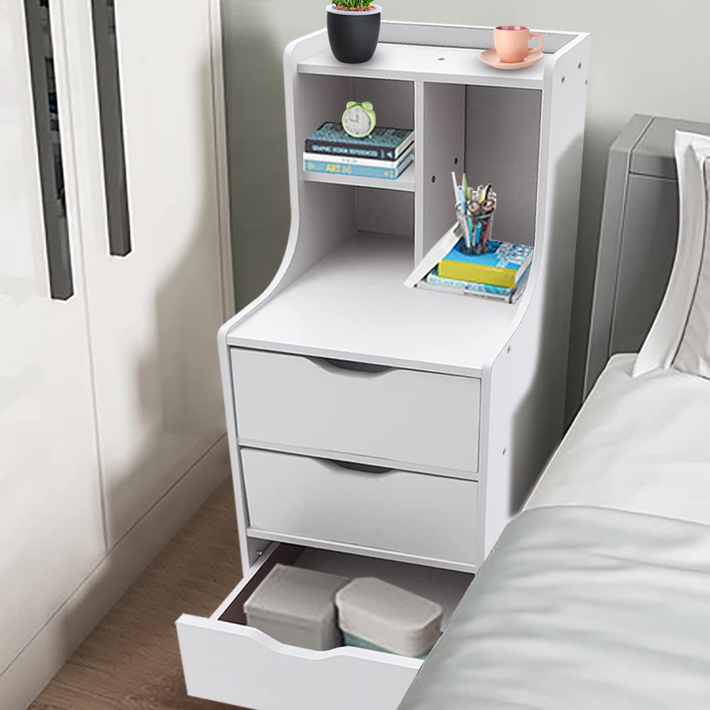 White Nightstand with 3 Drawers & Open Shelf - Solid Wood Bedside Table, Dresser Cabinet for Bedroom - Perfect for Storing Books, Lamps & Bedroom Essentials - Night Stand Furniture with Storage Space
