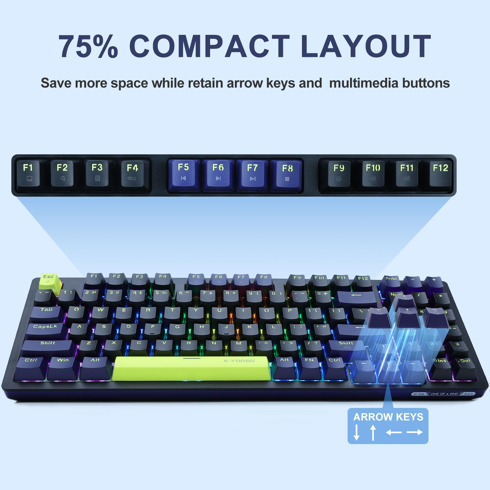 E-YOOSO Z-94 Mechanical Gaming Keyboard with Rainbow Backlit - 94 Key Compact Keyboard for PC, Mac, Laptop - Red Switches for Fast Typing & Gaming - Perfect for Office Work, Esports & Streaming