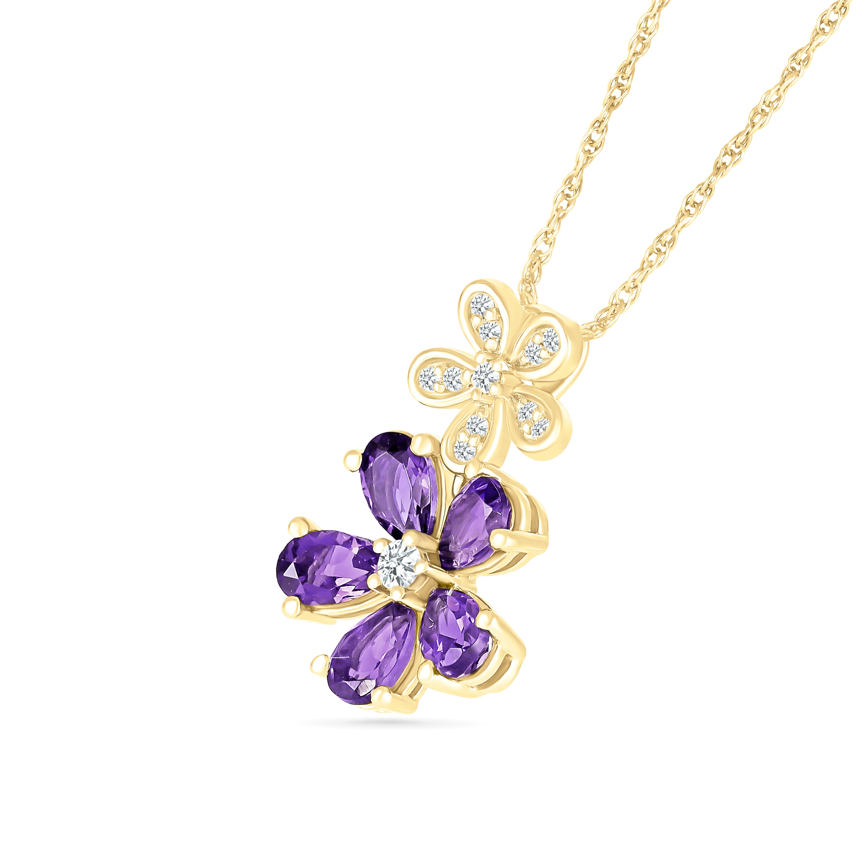 10k Yellow Gold Amethyst & White Sapphire Double Flower Drop Pendant Necklace - Elegant Jewelry Gift for Women, Perfect for Weddings, Anniversaries & Special Occasions